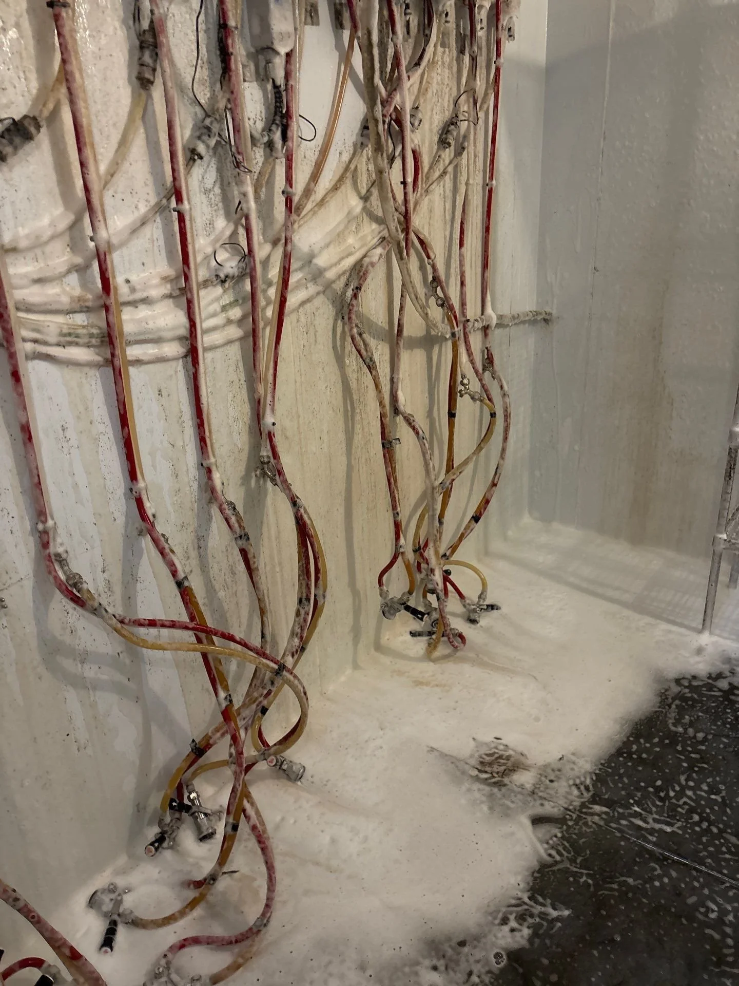 Multiple electrical wires and cables hanging on a wall with foam or detergent suds on the floor.