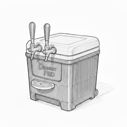 Sketch of a Draught Pro operated beverage cooler with two tap handles and a drip tray.