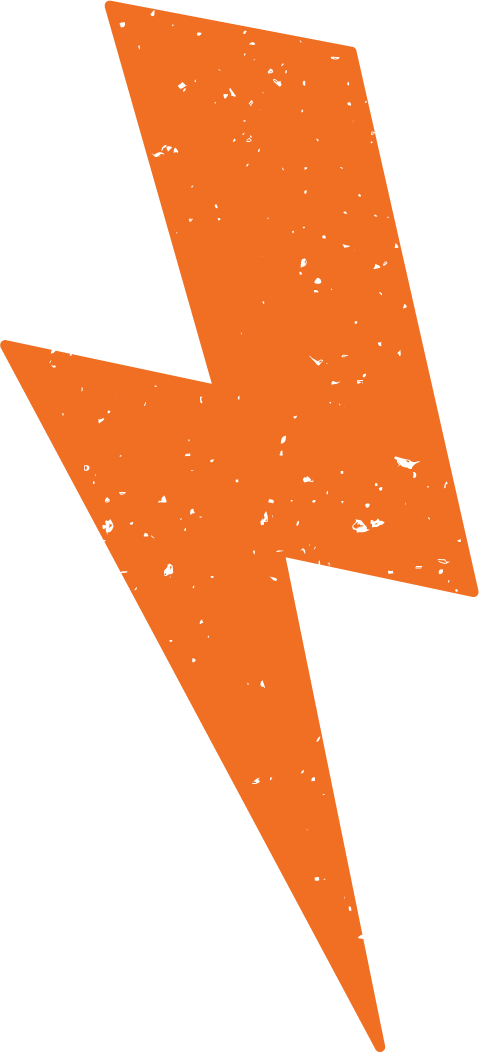 Orange lightning bolt graphic with distressed texture on a black background.