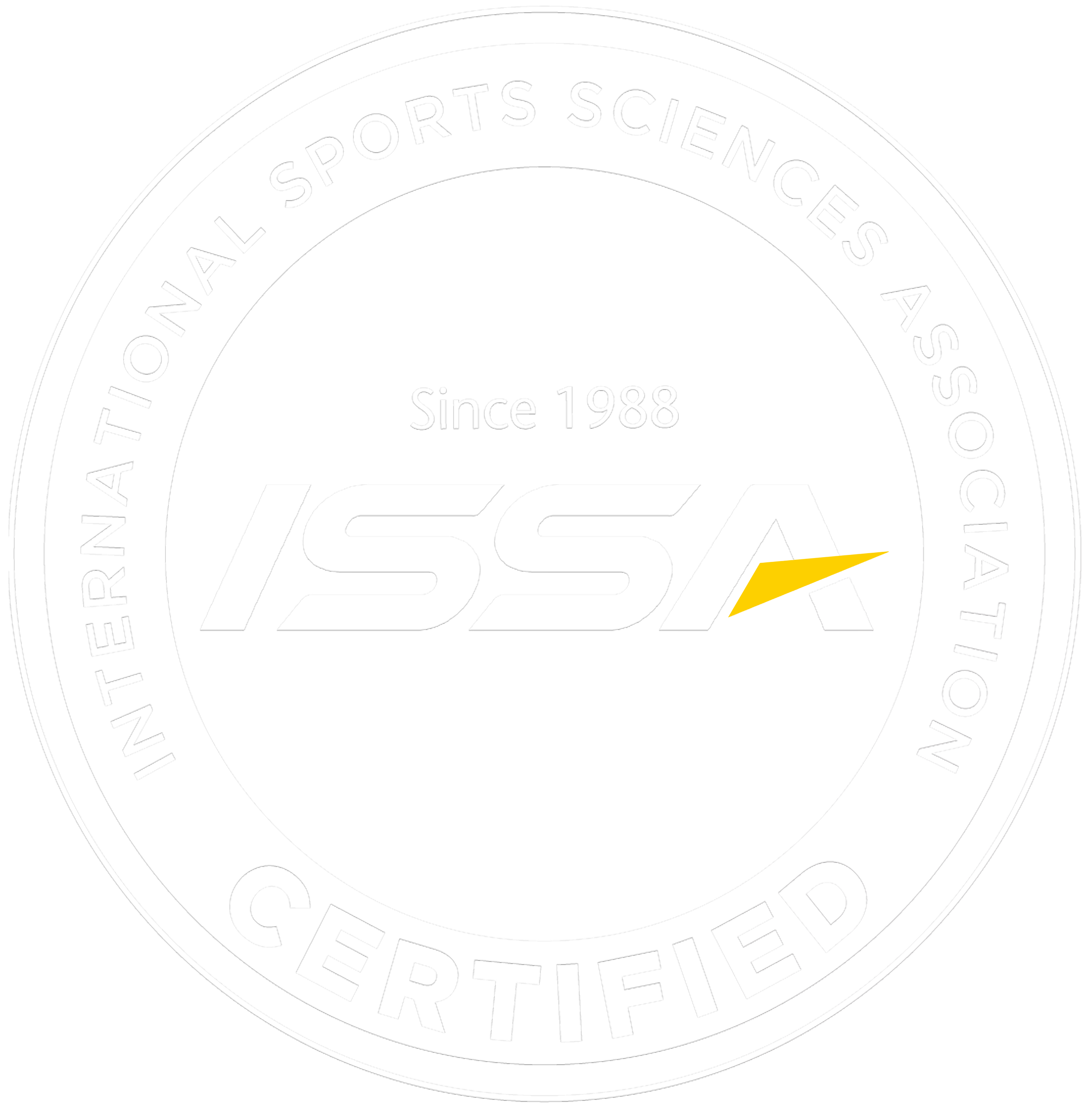 The logo of the International Sports Sciences Association, established in 1988, with a black background, white circular border, and the word 'CERTIFIED' at the bottom.