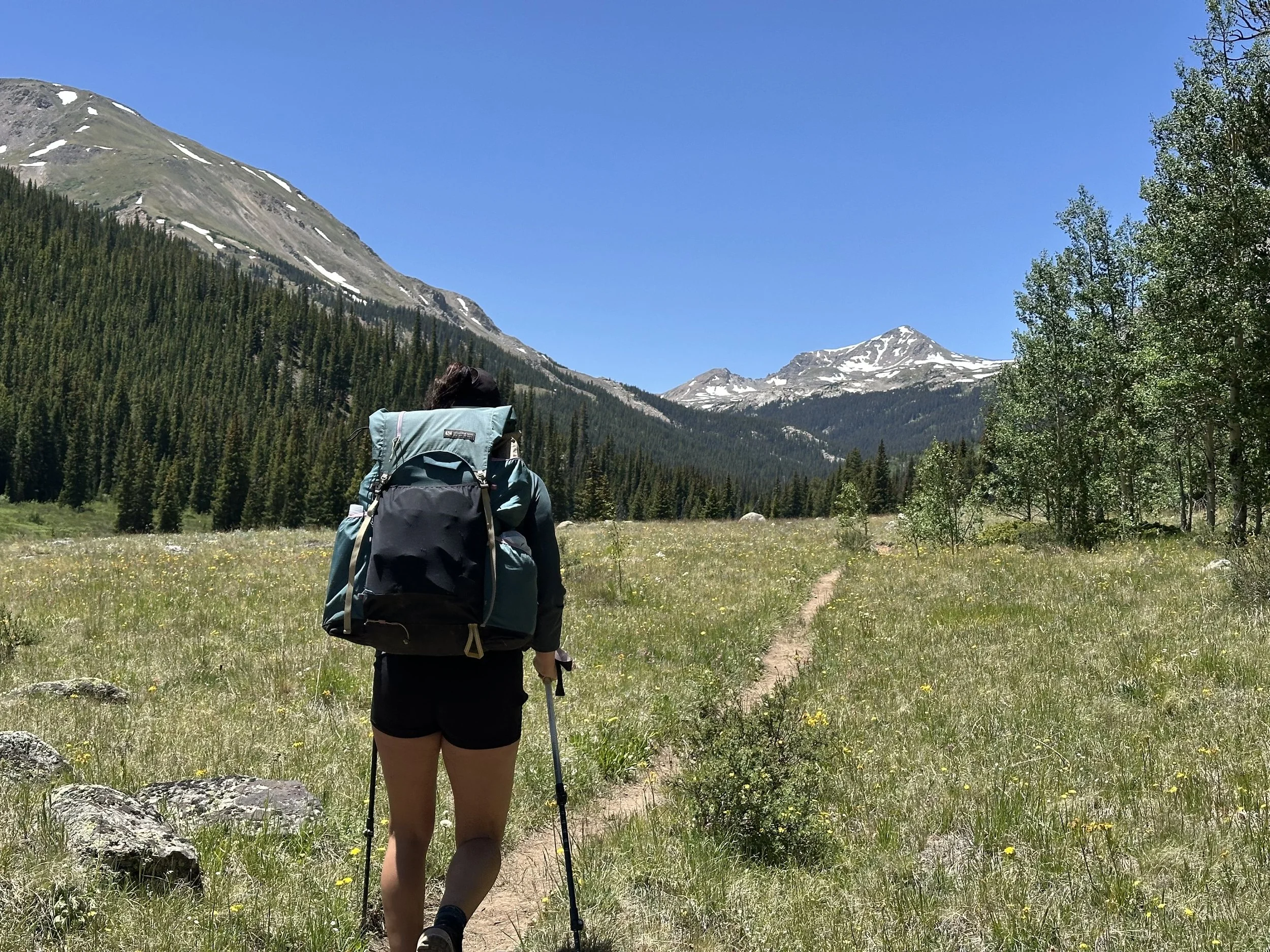 Hiker with a backpack walking on a trail in a grassy meadow with trees and mountains in the background under a blue sky.