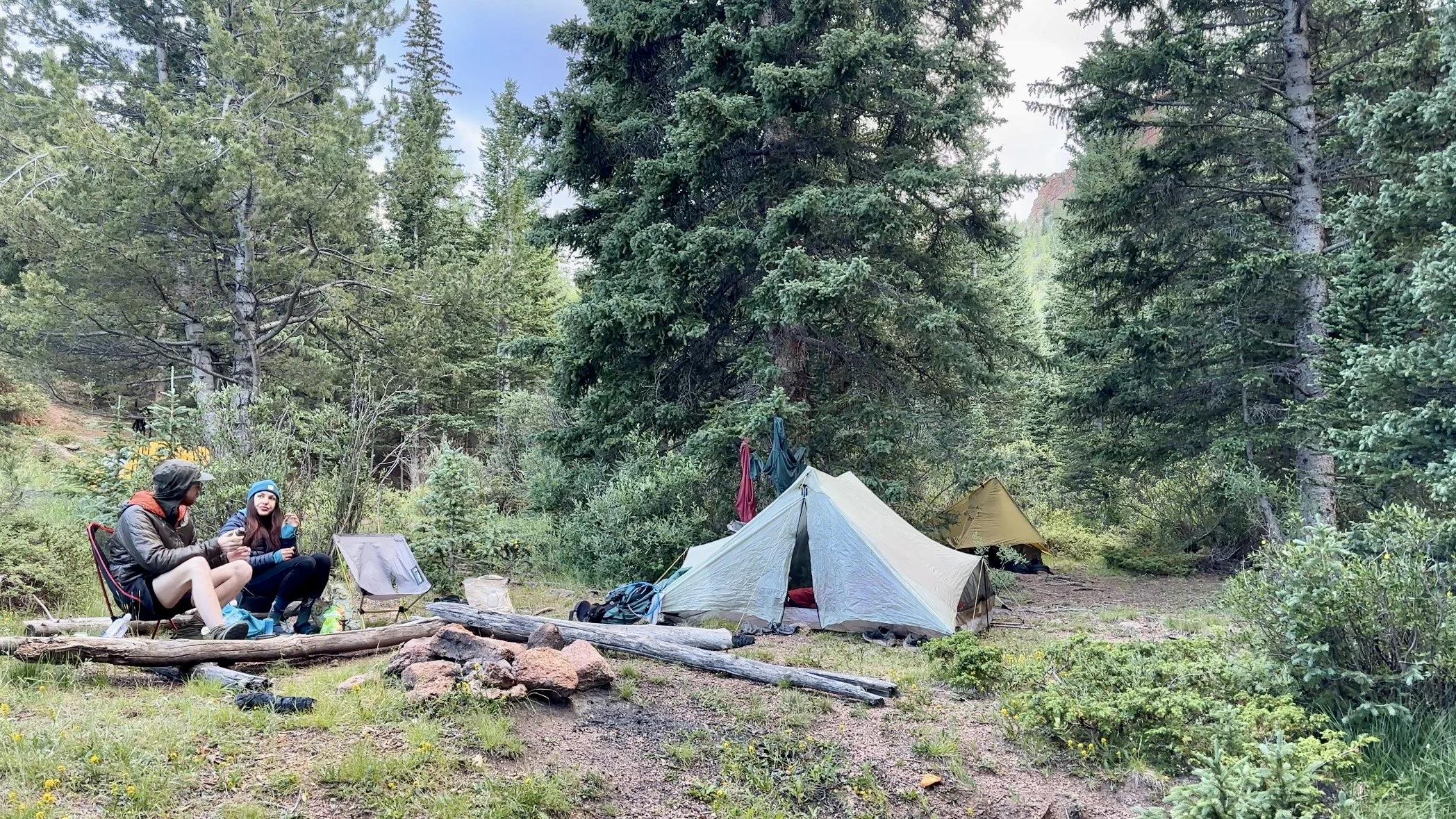 Beautiful campsite next to a creek and a meadow in the mountains