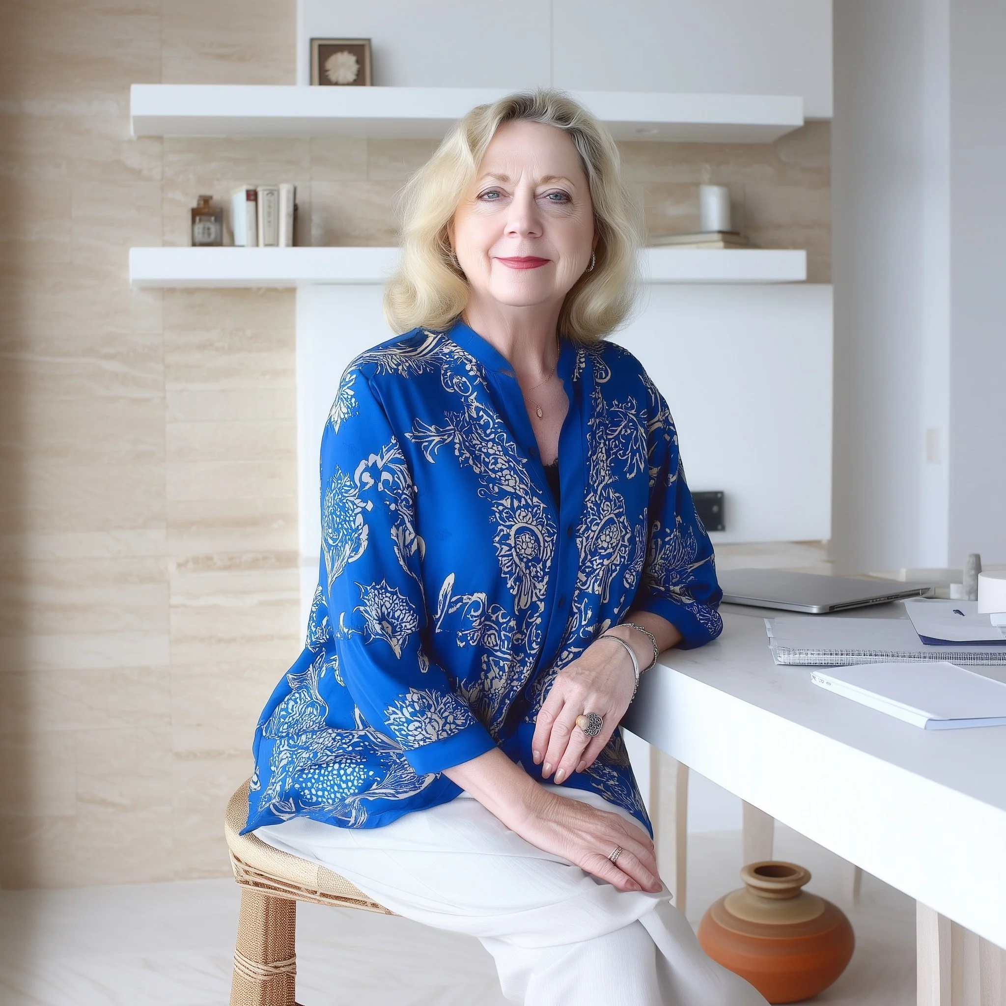 Sarah Mings, a woman with blonde hair sitting at a white table in a modern room, wearing a blue patterned blouse and white pants, with shelves and decorative items in the background.
