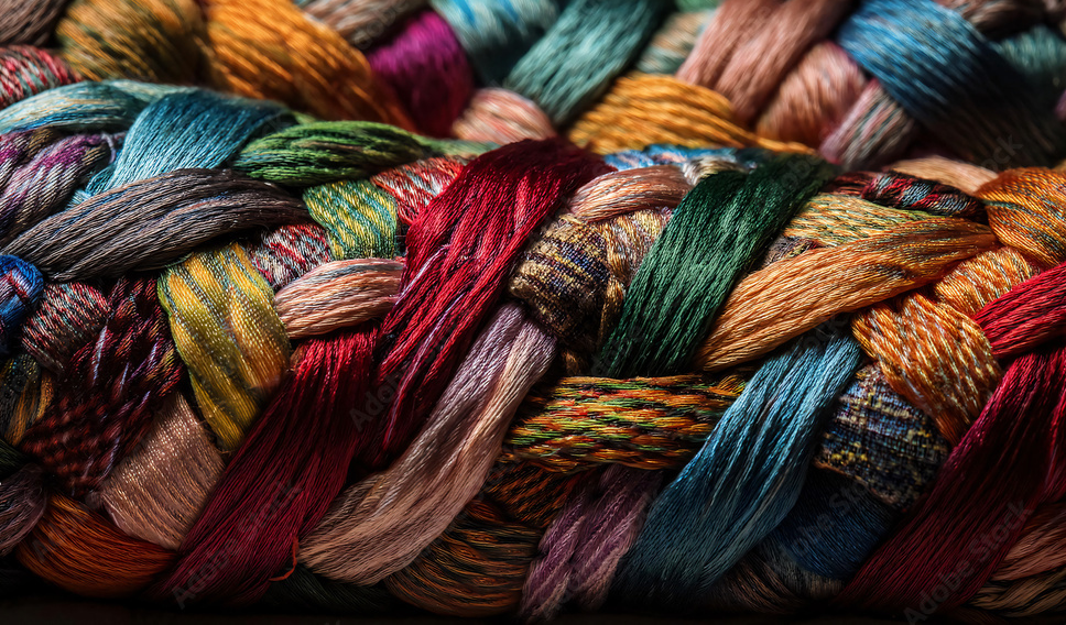 Close-up of multicolored braided fabric strands.