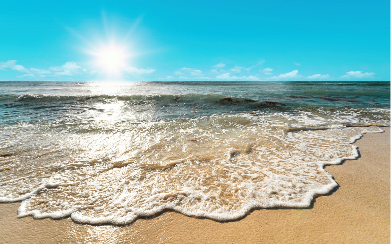 Sunny beach with gentle waves on sandy shore and clear blue sky.
