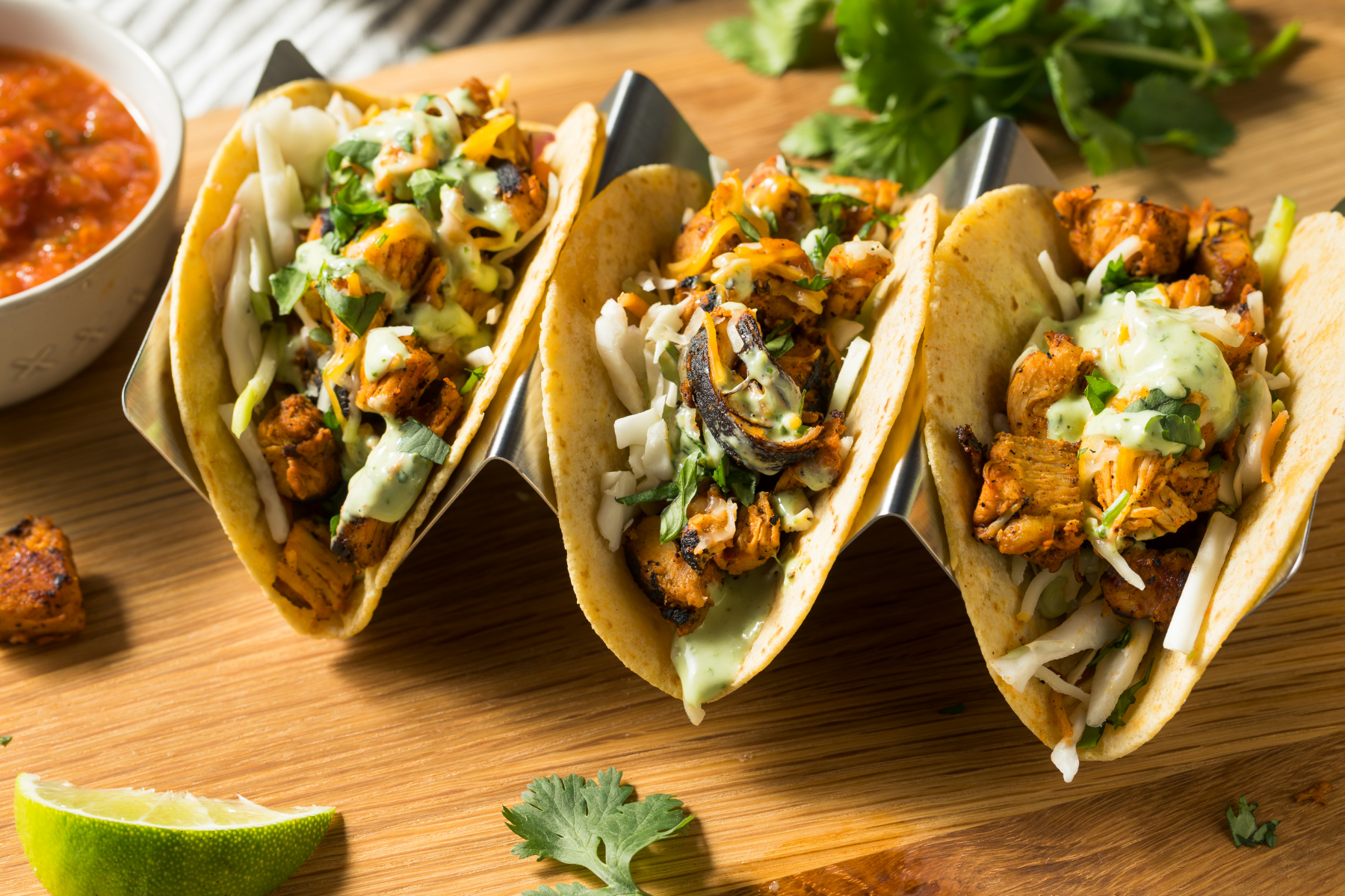 Jerked Chicken Tacos with Cilantro Slaw + Zucchini Salsa