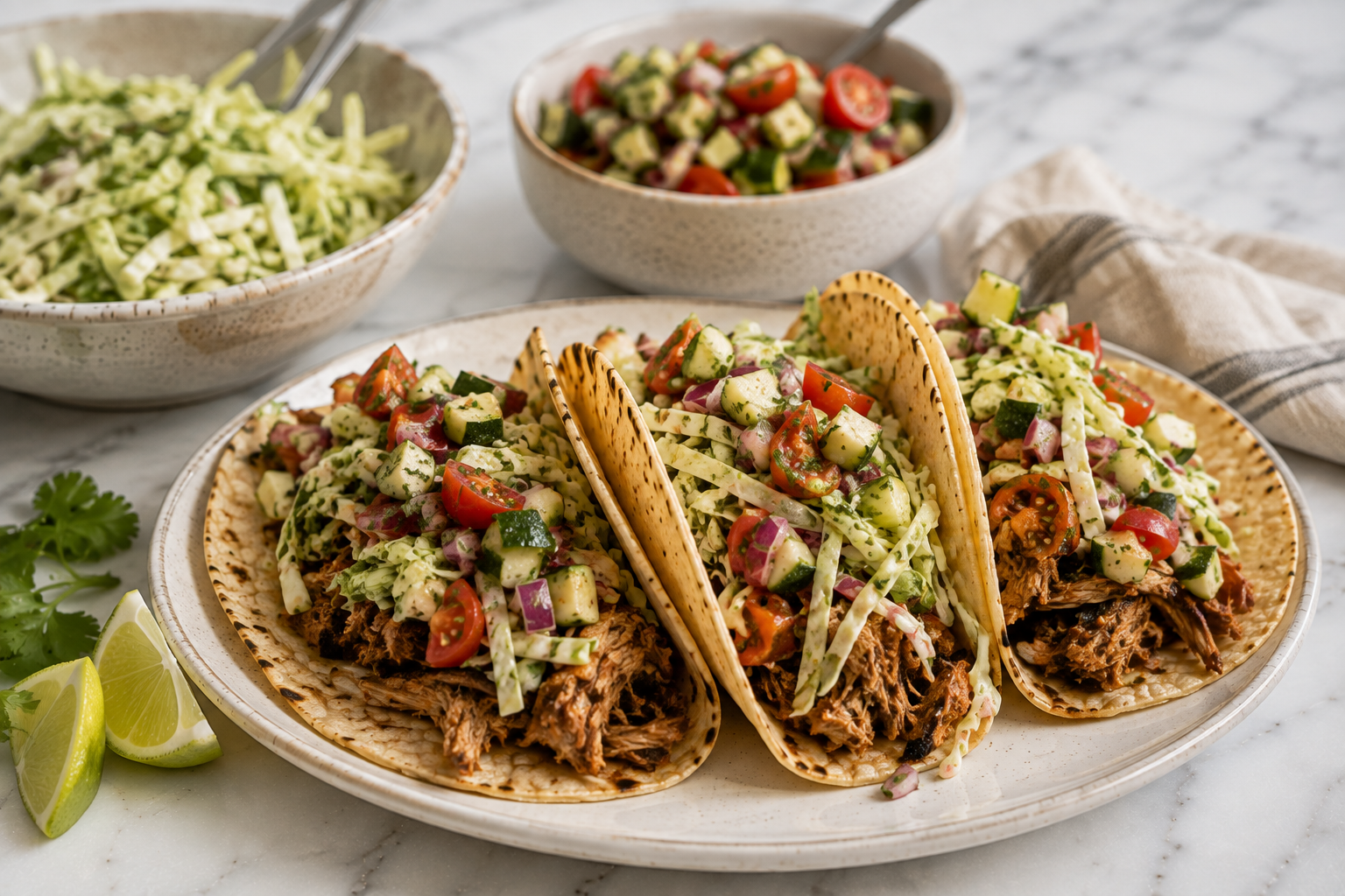 Jerked Chicken Tacos with Cilantro Slaw + Zucchini Salsa