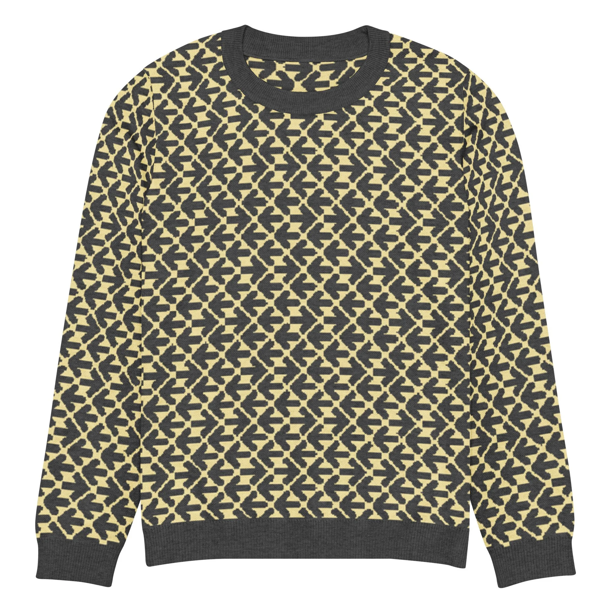 Knitted Crew Neck Sweater - Arrow Pattern - Charcoal on Antique Yellow
