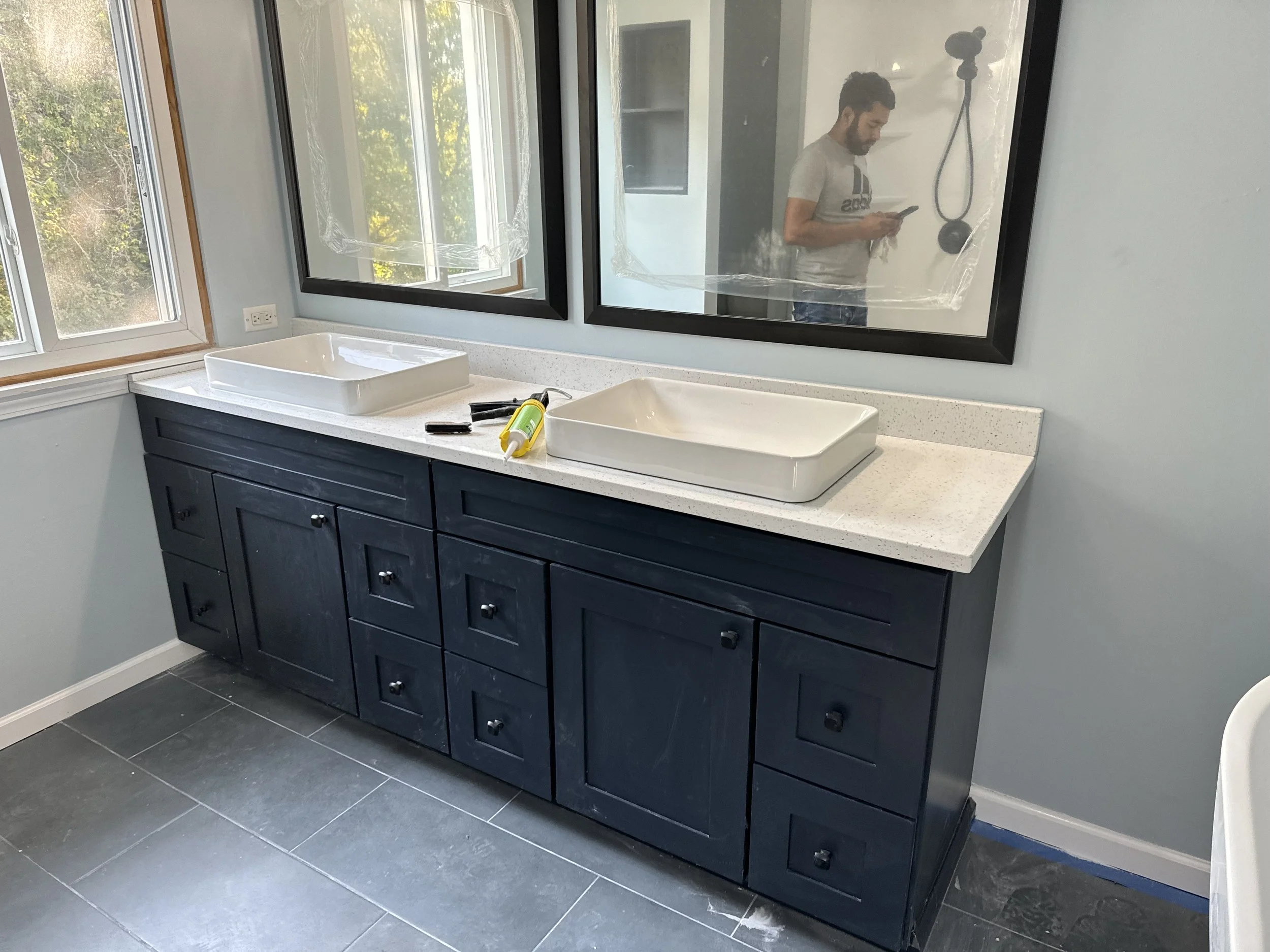 TOP MOUNTED CUSTOM SINKS WITH NAVY BLUE VANITY FULL BATHROOM REMODEL
