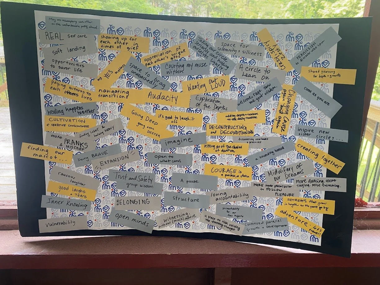 A colorful collage of notes with words and phrases about growth, creativity, resilience, and self-discovery, arranged on a blue patterned background.