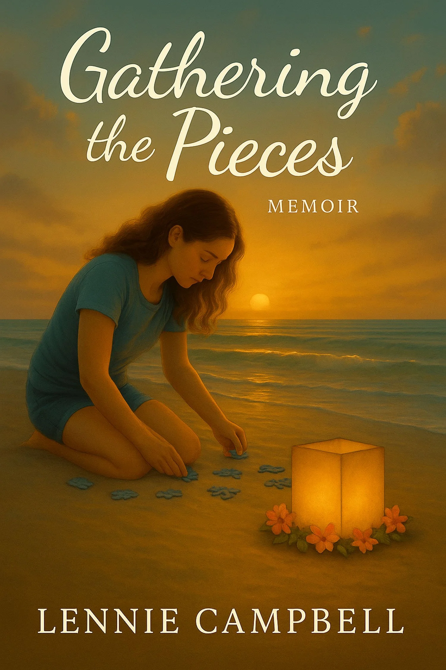 Book cover for "Gathering the Pieces" by Lennie Campbell, featuring a girl in a blue shirt and shorts kneeling on a beach at sunset, assembling puzzle pieces next to a glowing paper lantern decorated with flowers.