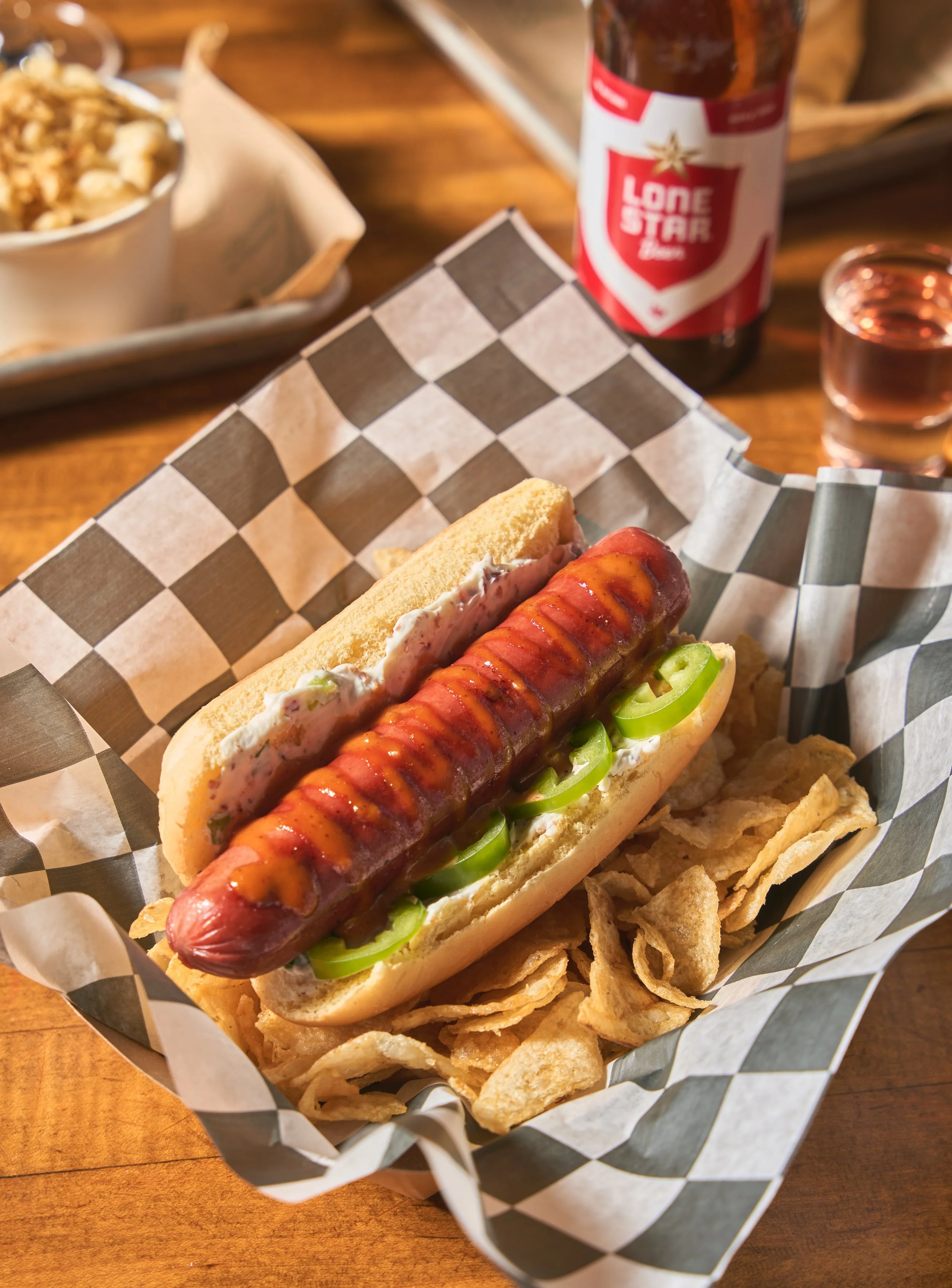 Wagu Hotdog with Jalepenos and chips