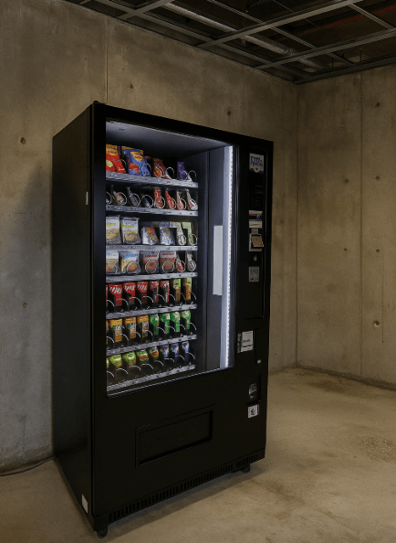 Een automatische verkoopautomaat gevuld met diverse snacks en drankjes in een betonnen kamer.