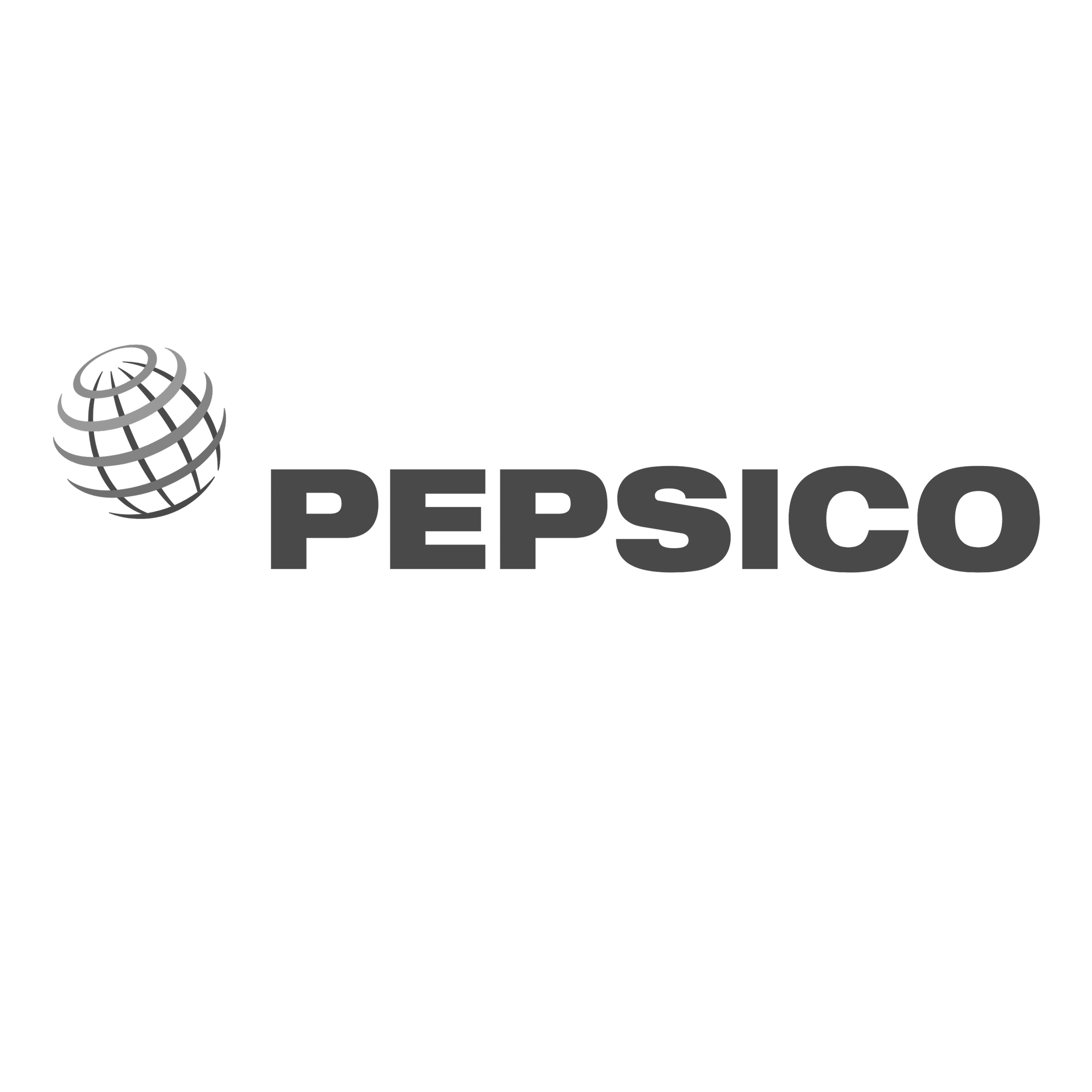 Zwart en wit Pepsi-logo met wereldbol en de tekst 'Pepsi'.