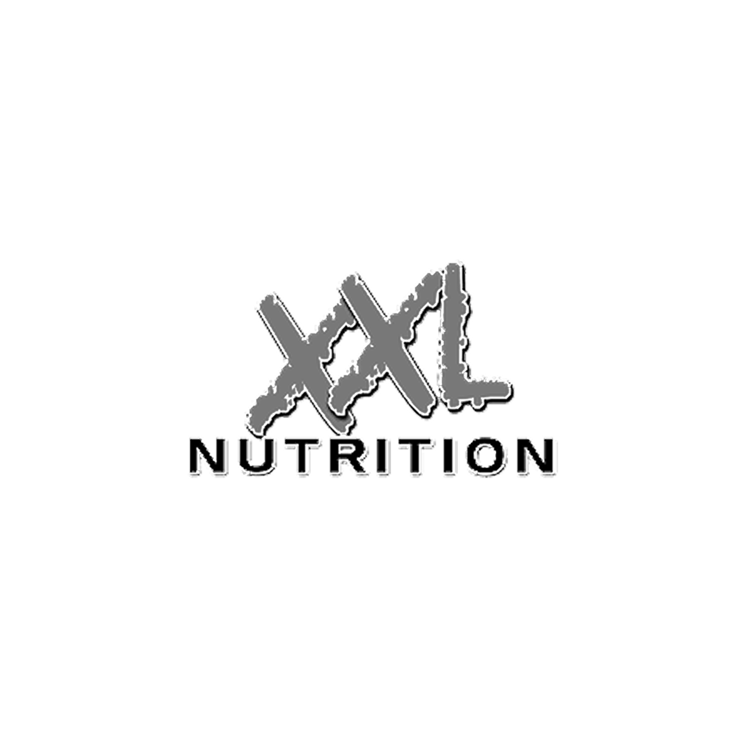 Logo van XXL Nutrition met zwarte achtergrond, grote witte en grijze teksten en grafische elementen.