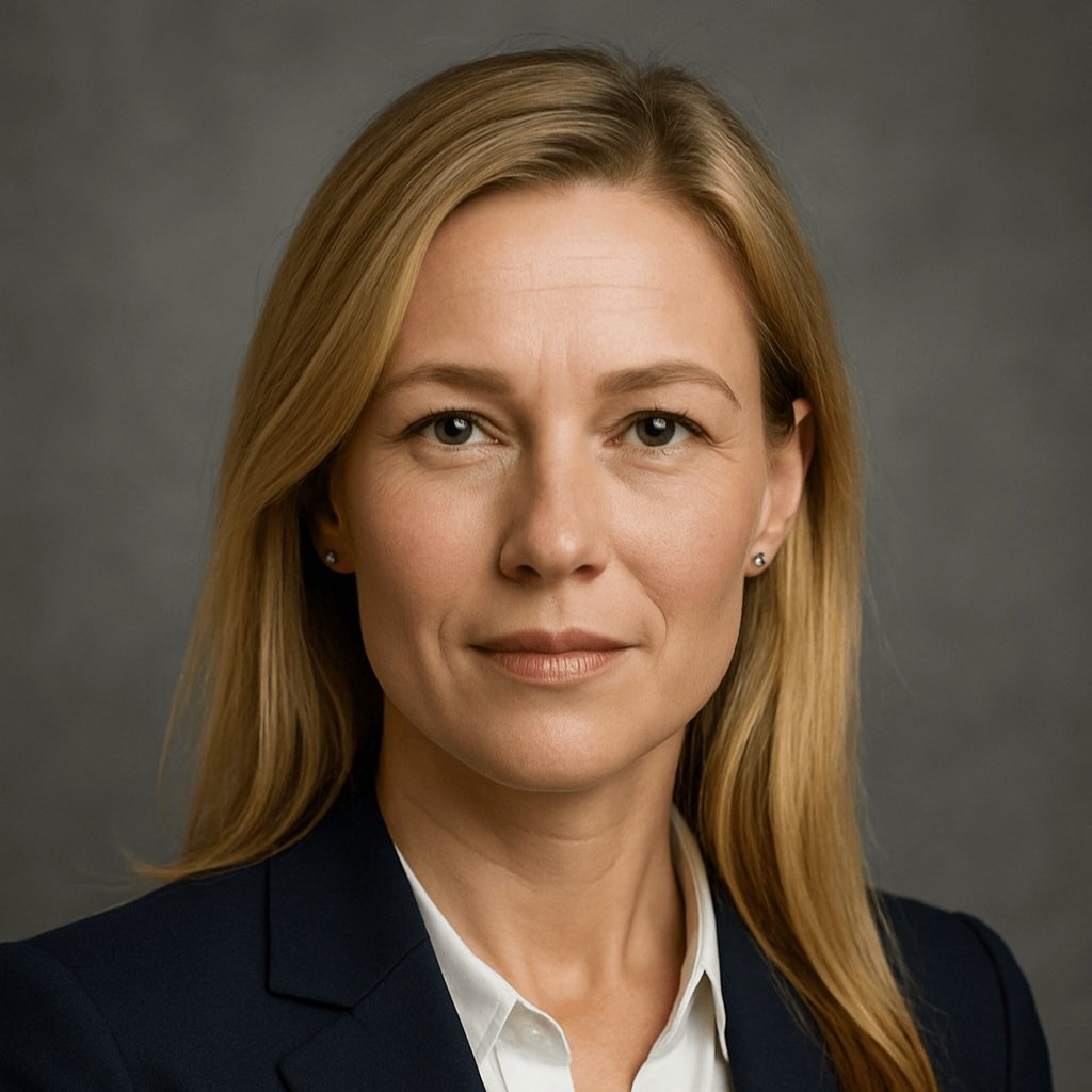 Portret van een vrouw met blond haar in zakelijke kleding op een neutrale achtergrond.