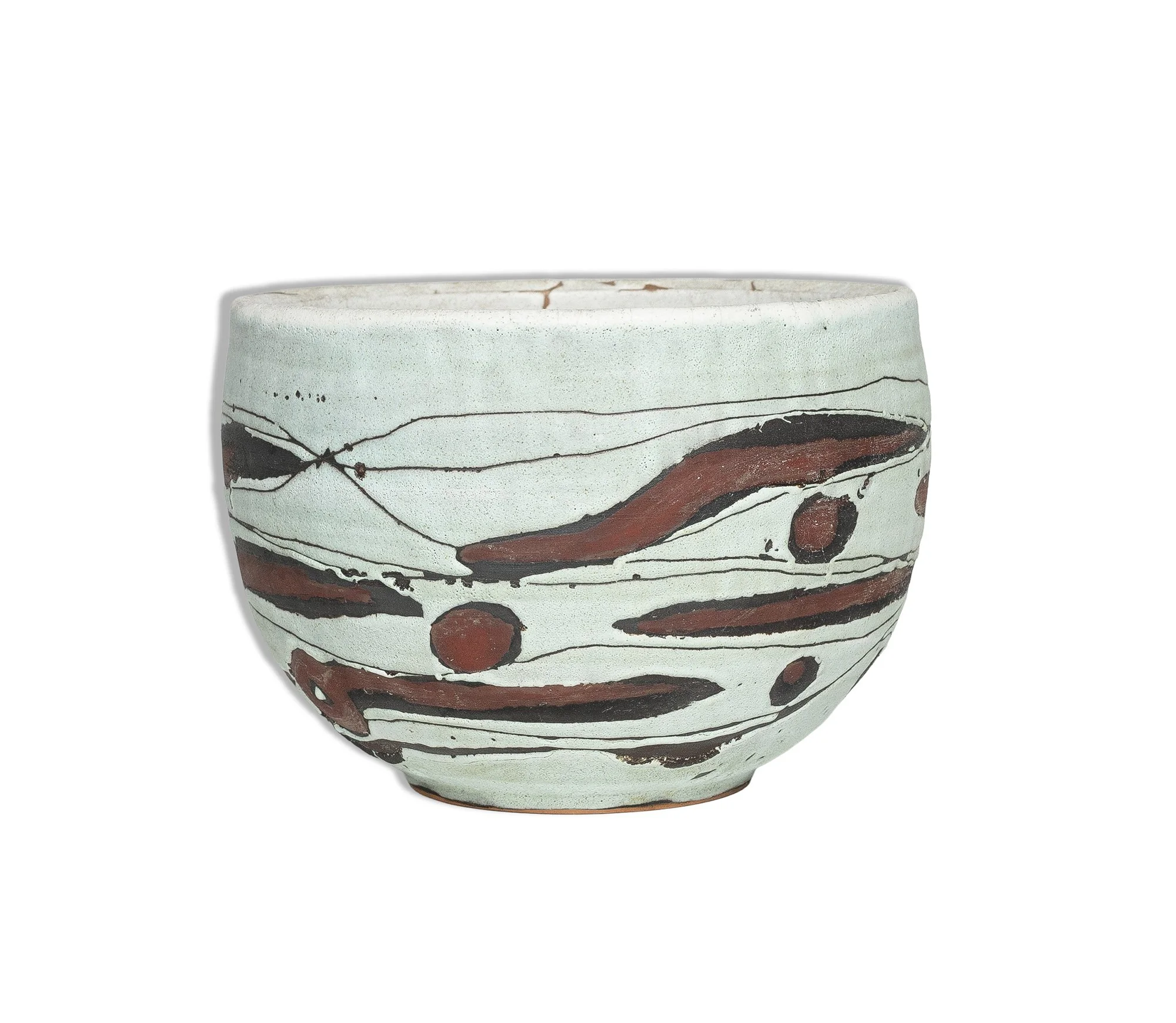 glazed ceramic vessel, 6" high, 8" diameter, signed underneath