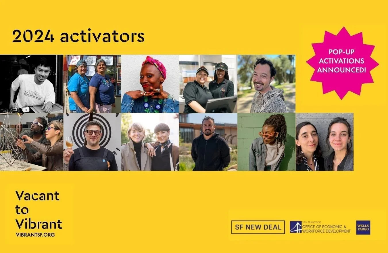 A flyer with a grid of portraits of Vacant to Vibrant 2024 activators that says, "Pop-up Activations Announced!"
