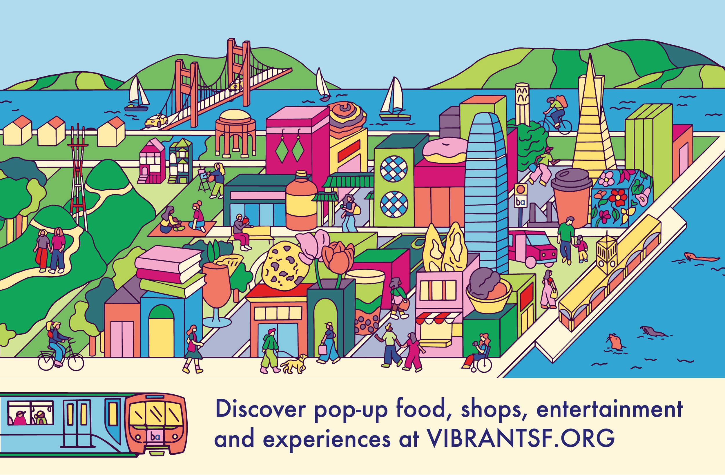 A poster of San Francisco illustrated by Felicia Liang featuring the Golden Gate Bridge, Twin Peaks, Sutro Tower, Painted Ladies, Palace of Fine Arts, the Transamerica Pyramid, Coit Tower, the Ferry Building, and diverse people enjoying the outdoors