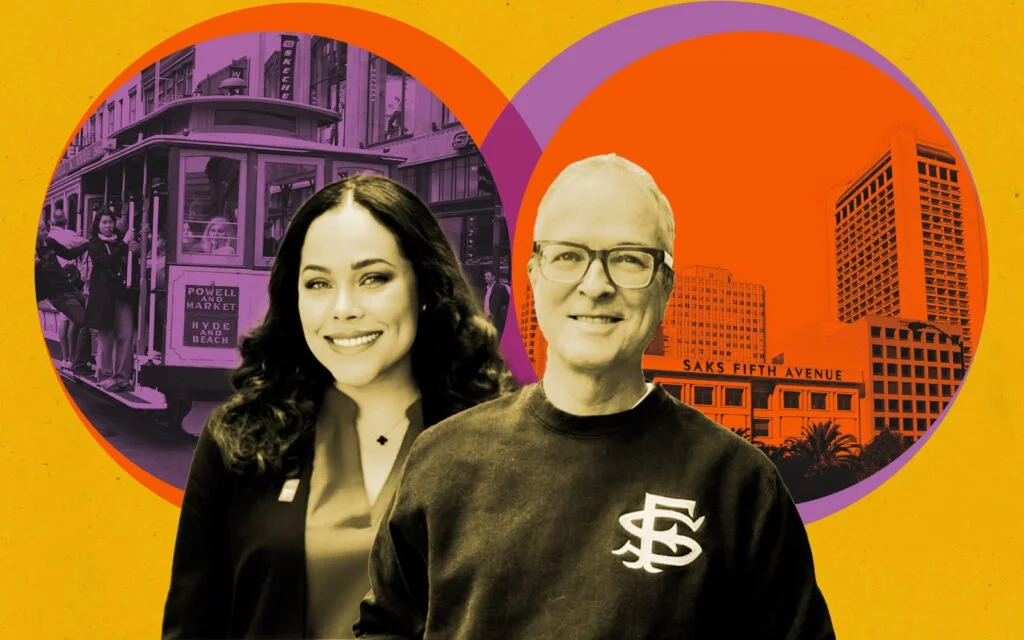 A collage featuring portraits of Union Square Alliance's Marisa Rodriguez and SF New Deal's Simon Bertrang with images of a cable car and Union Square buildings in the background.