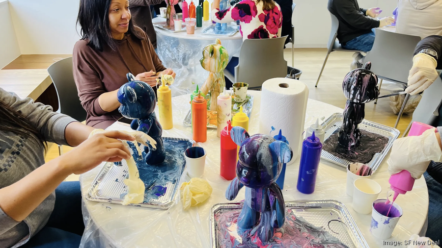 A group of people in an art class, each person dripping paint on a figure of a bear.