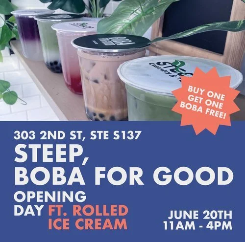 Flyer featuring an image of various boba drinks that advertises an Opening Day event