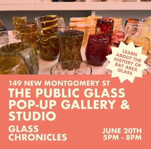 A flyer with an image of handmade glass cups advertising a launch party for Public Glass