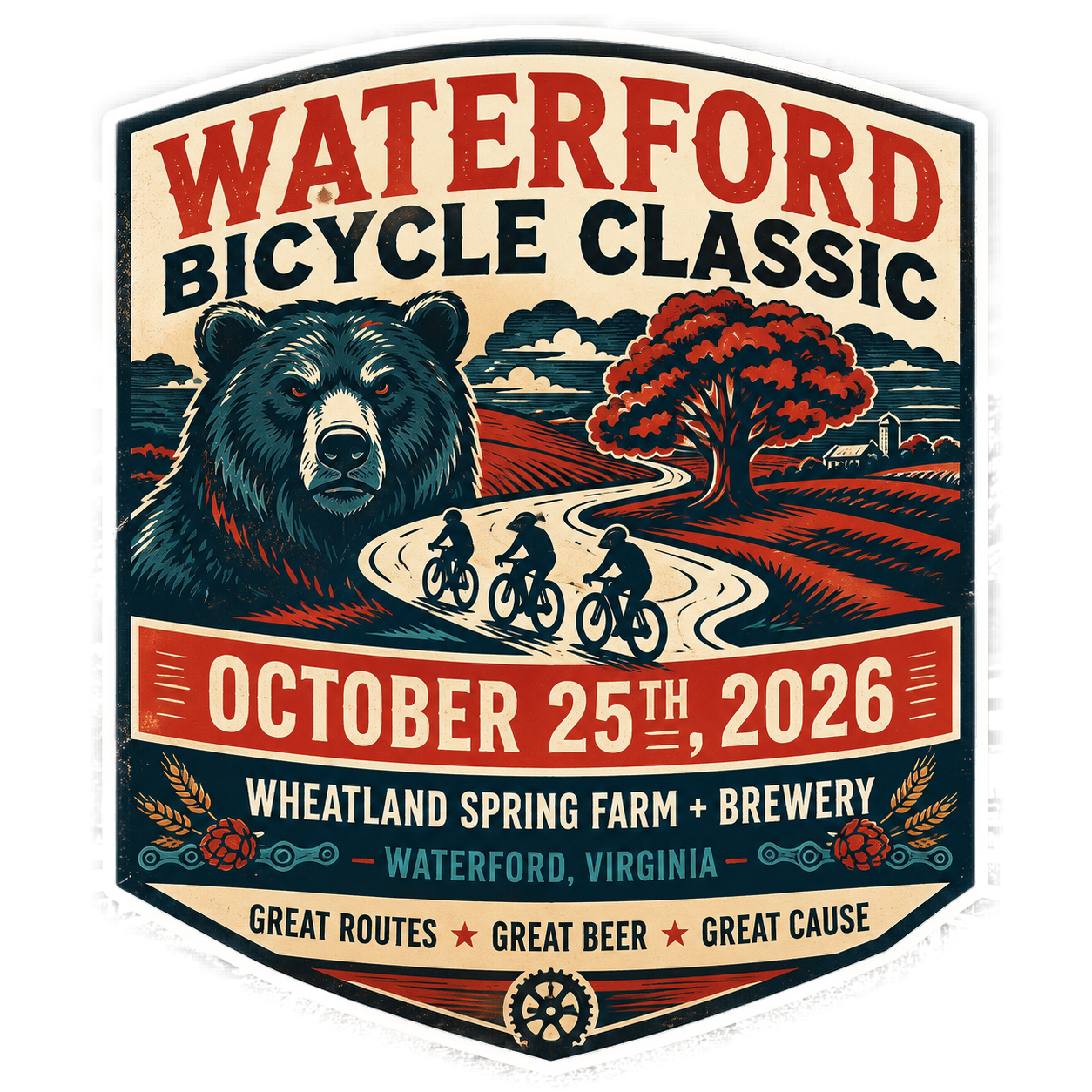A poster for the Waterford Bicycle Classic event on October 25th, 2026, at Wheatland Spring Farm and Brewery in Waterford, Virginia. The poster features an illustration of a bear's face, a winding road with three cyclists, a large tree, and a rural landscape with a house and a church in the background. The poster also includes the phrases 'Great Routes,' 'Great Beer,' and 'Great Cause'.