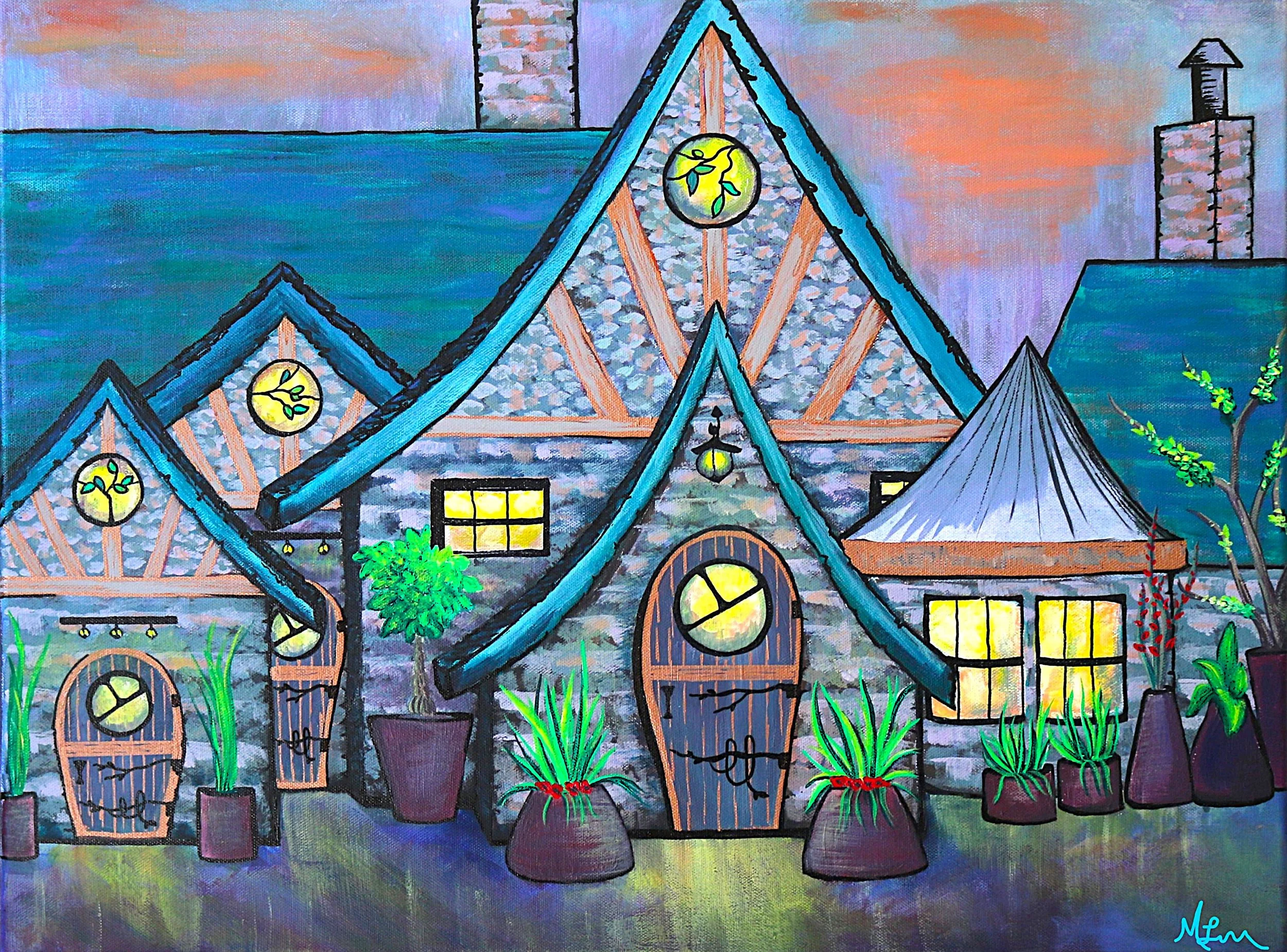 House of Branches - 24x14 inches. The depiction of a magical home on a stormy evening.