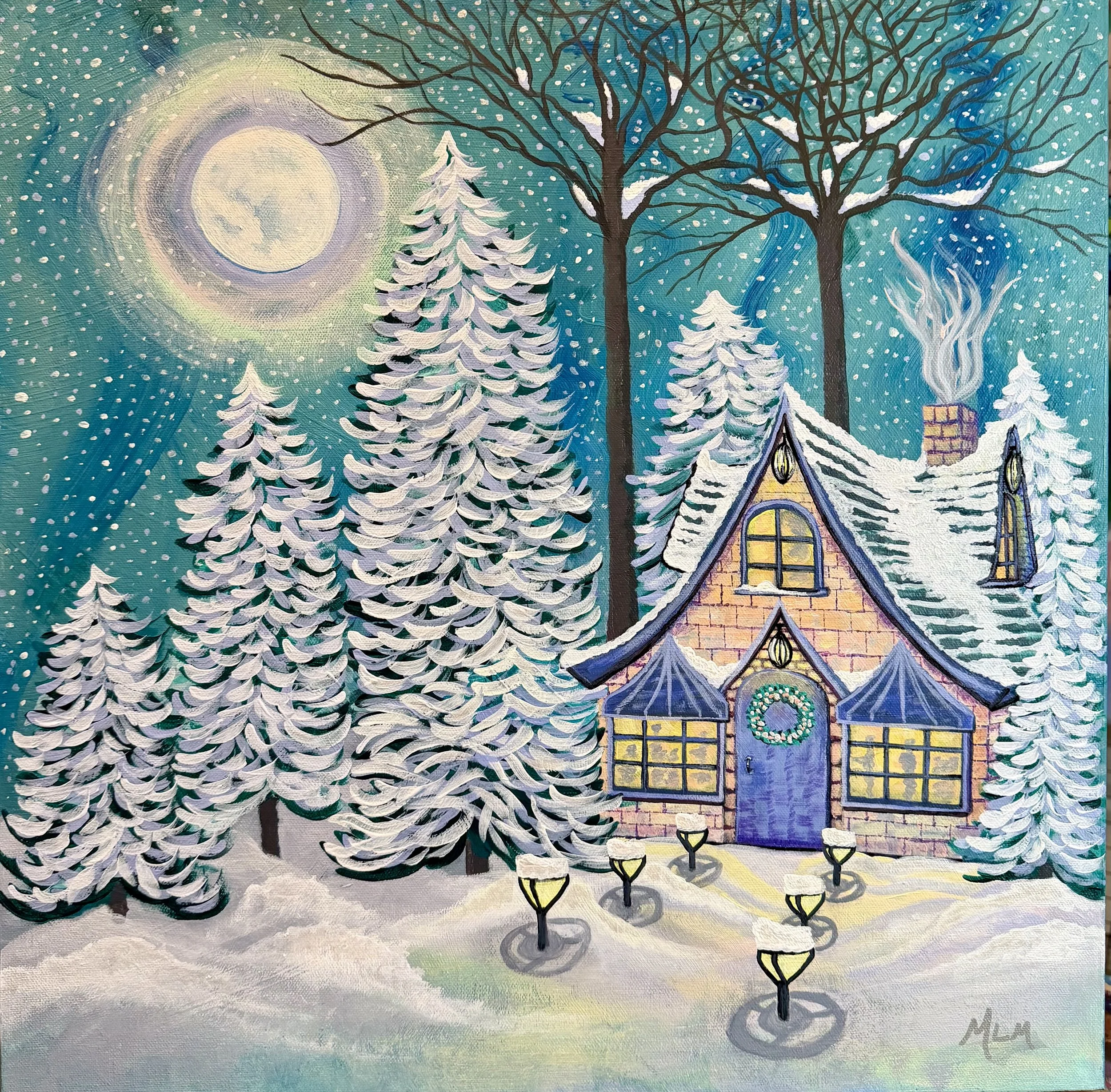Winter Magic - 20x20 inches. A cozy fantasy of how winter should be. A warm cottage in the woods, full of family and friends.