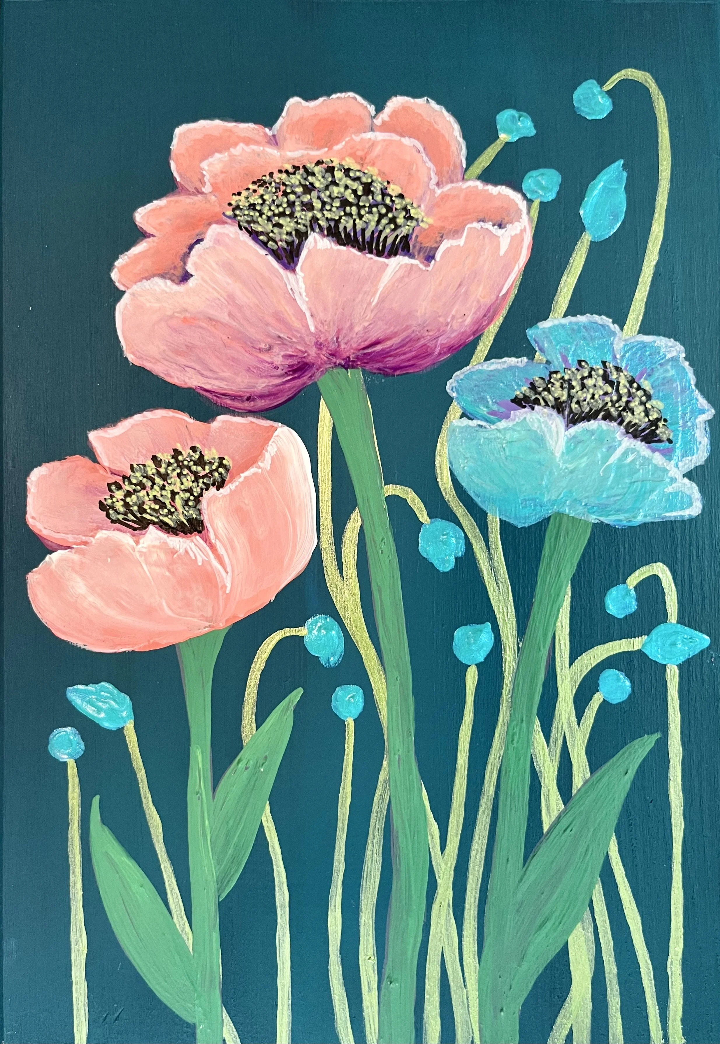 Anemone - 5.5x8 inches. A small, but mighty painting of anemone flowers on wood.