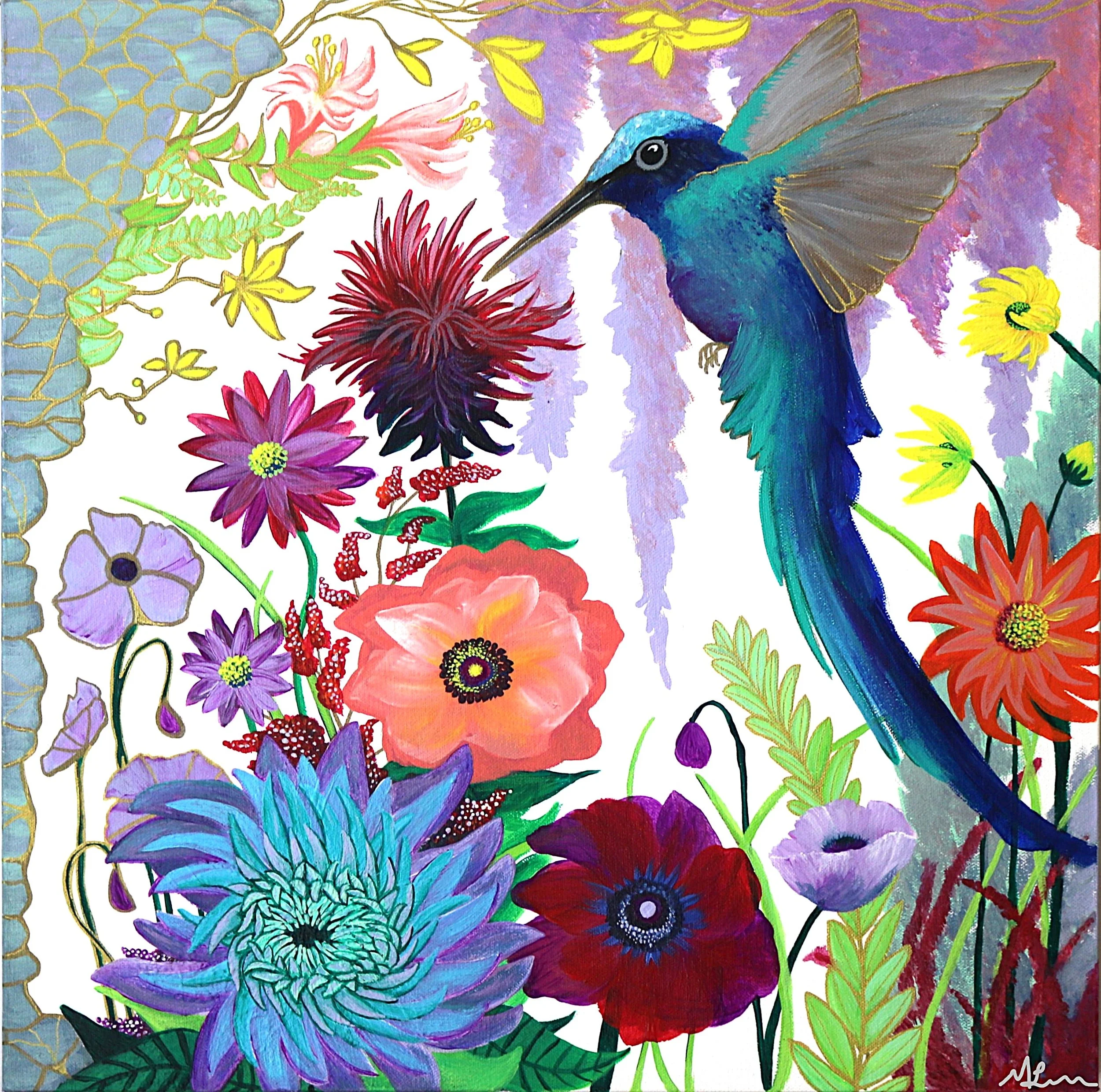 Enchanted Garden - 20x20 inches. This is one of my all time favorites. This is a glimpse into an enchanted garden with stone archway. A little moment of happiness as the hummingbird interacts with the Beebalm flower.