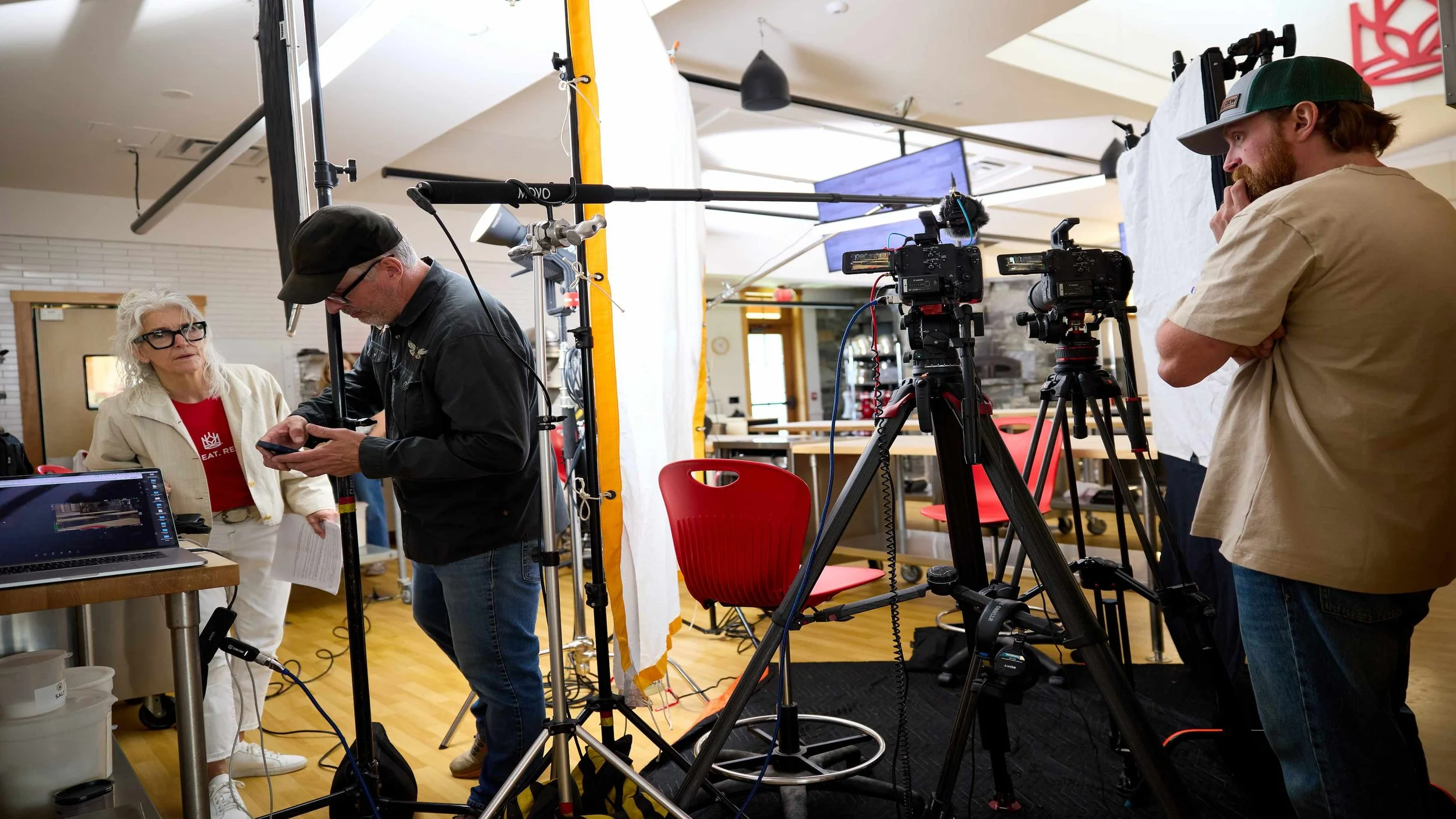 Behind the scenes at King Arthur Baking while CEO Karen Colberg is interviewed for America 250th video produced by Acumen Media.