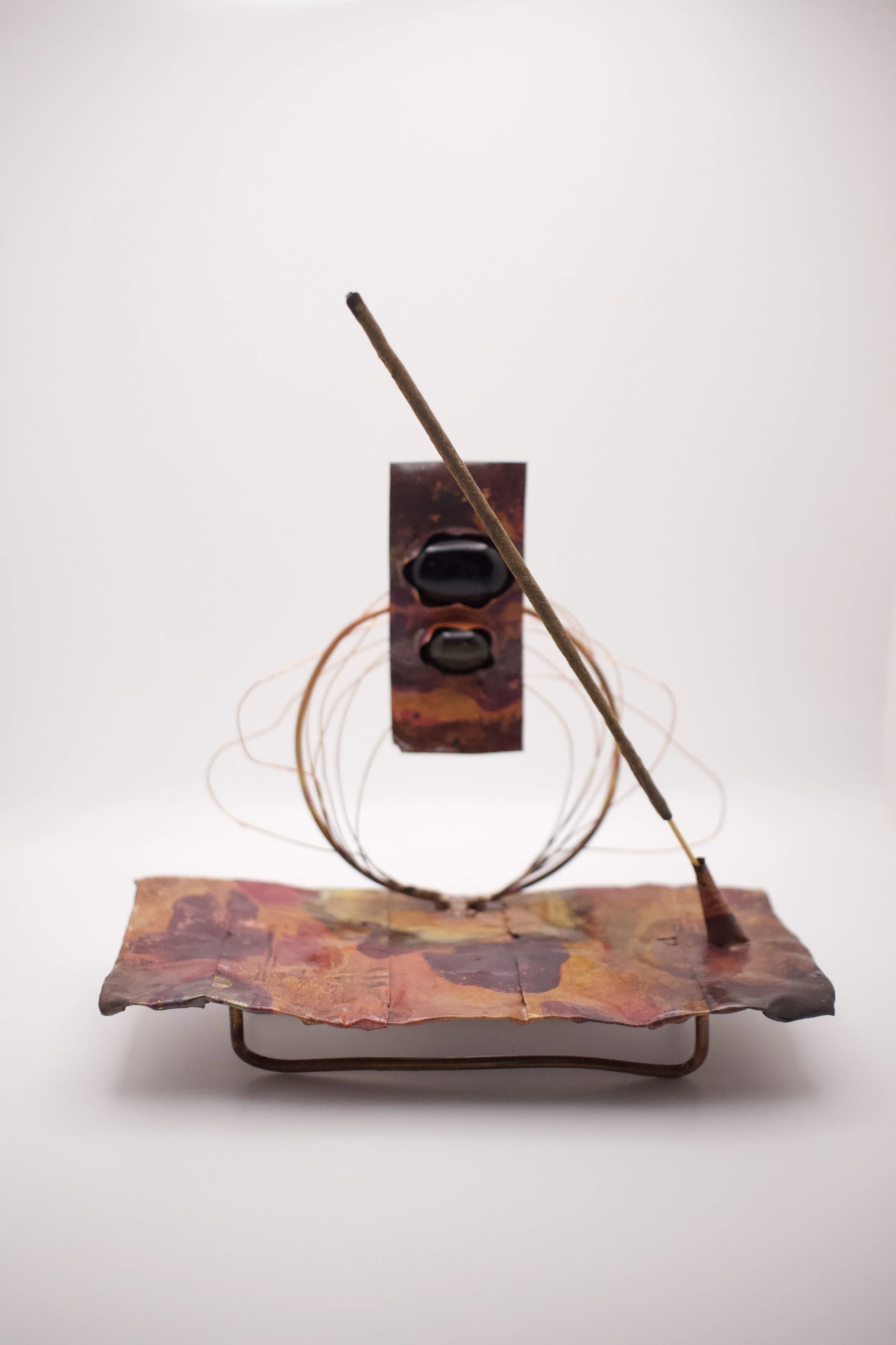 Copper Incense Holder with Black Obsidian