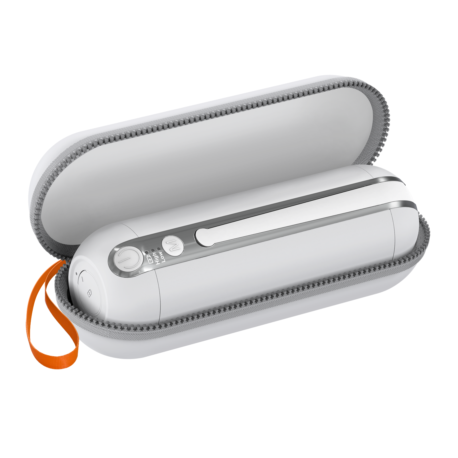 A white portable bidet inside a gray carrying case with a zipper and orange pull tab.