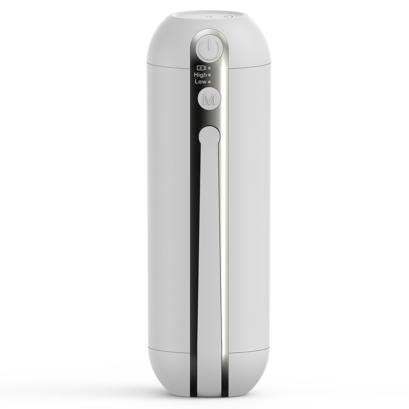 White portable bidet in the center, featuring a power button at the top, LED indicators labeled high and low, and an 'M' button, set against a plain white background.