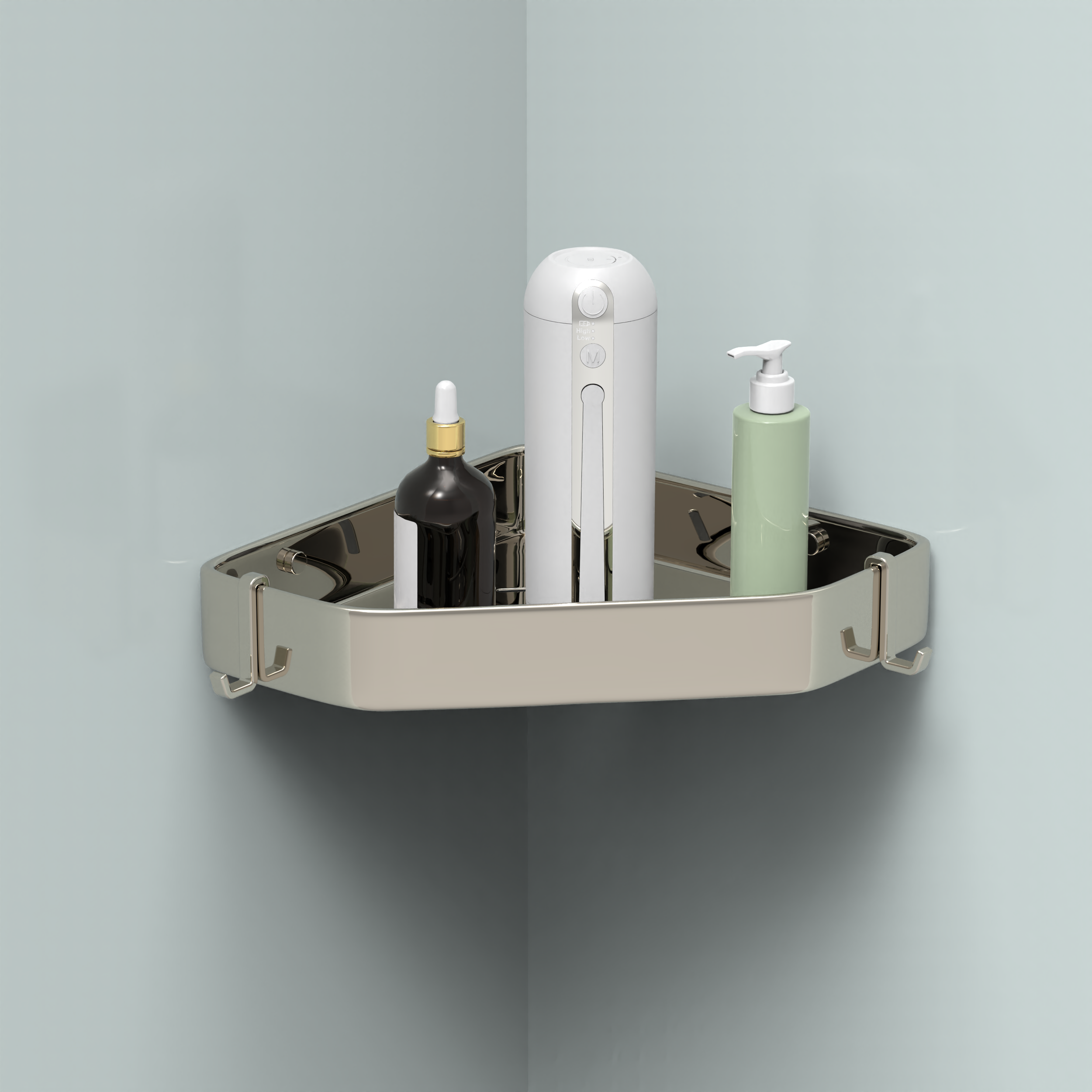 A shower caddy attached to the wall with a white portable bidet, a black dropper bottle, and a light green pump bottle.