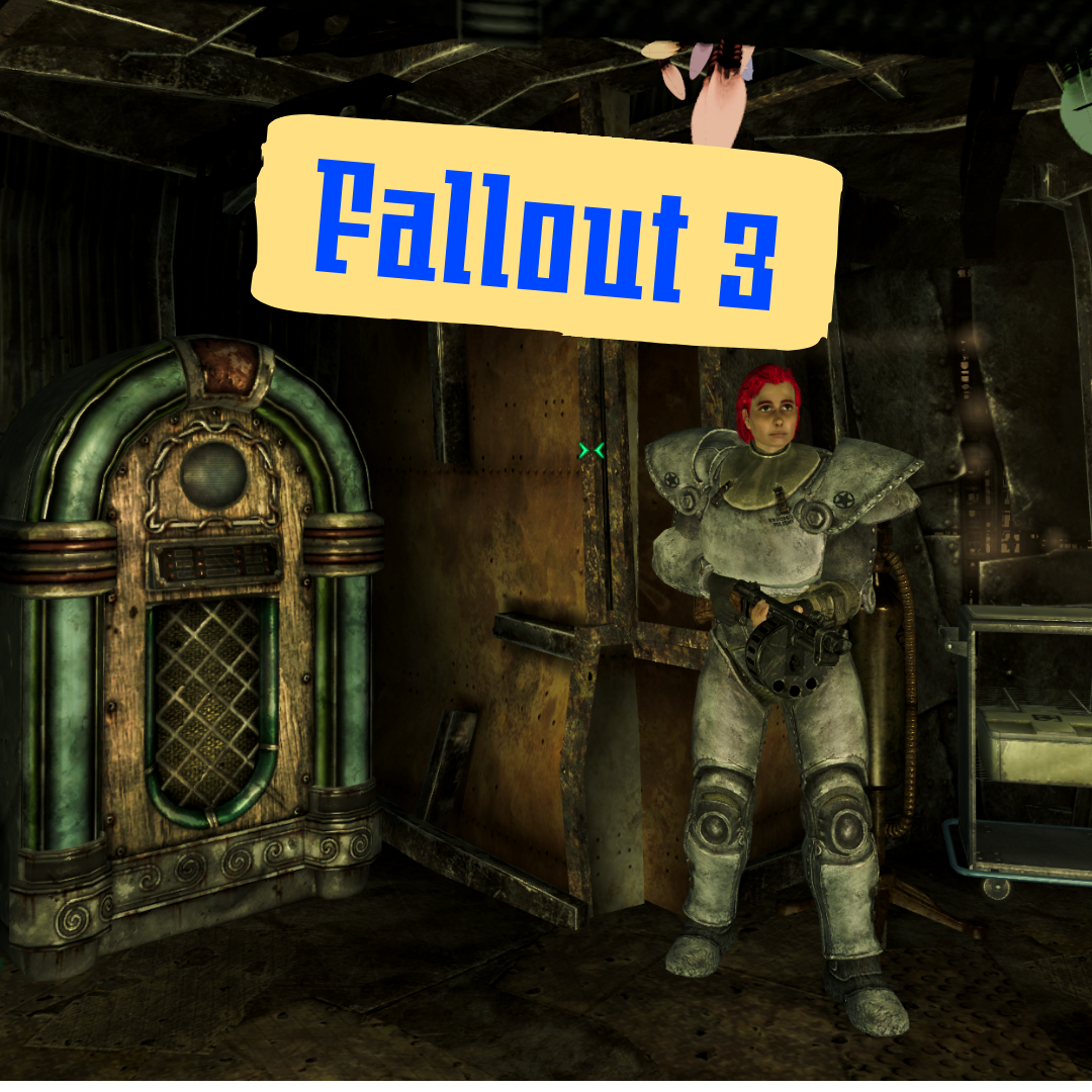 A red-haired woman in heavy body armor stands next to a retro jukebox holding a shotgun.