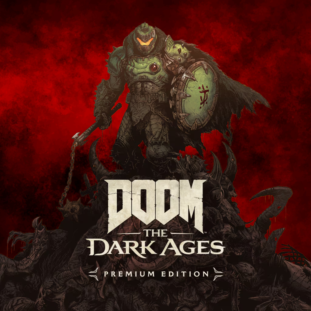 A green-armored marine holding a spiked shield and spiked flail stands on a pile of corpses.