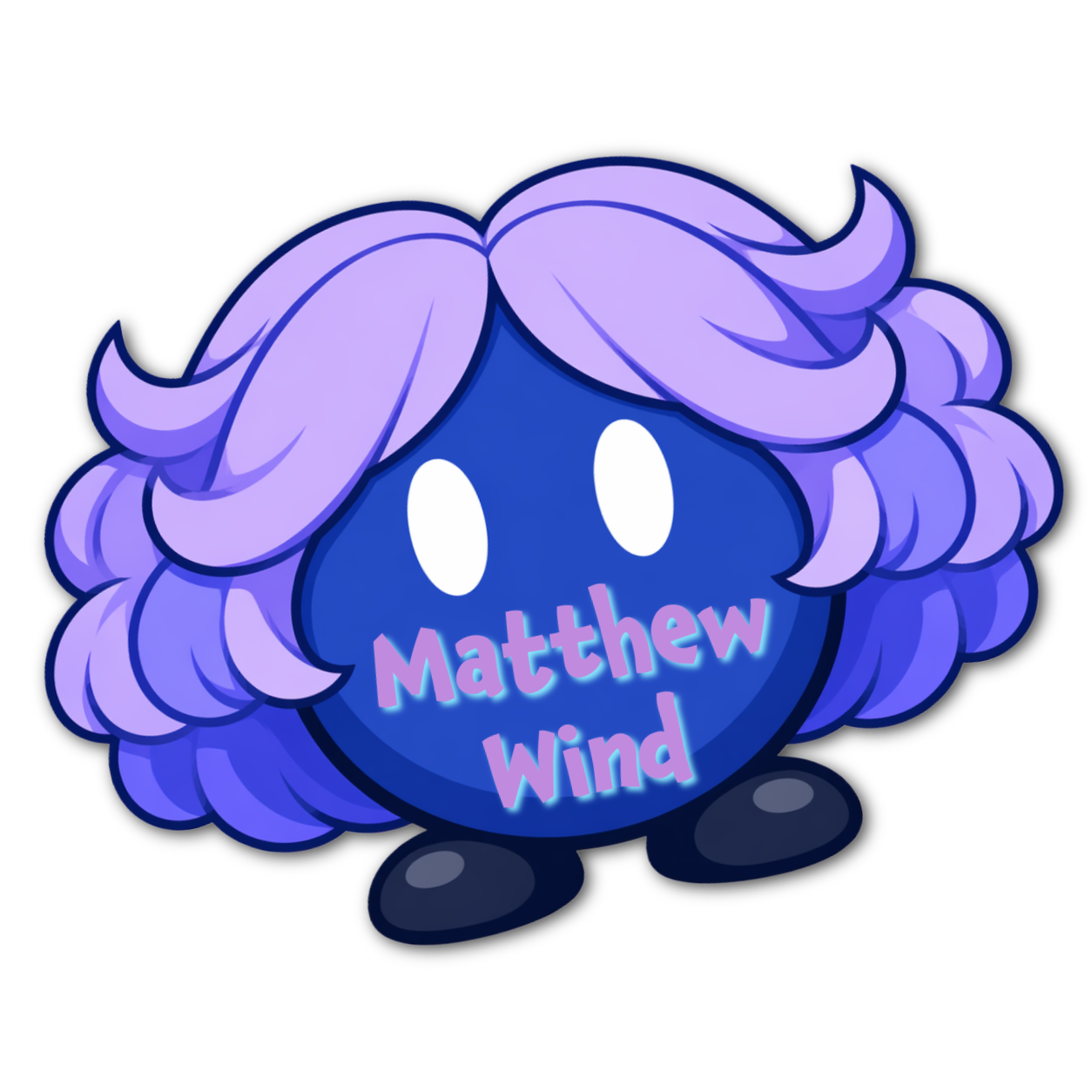 A cartoon character named Matthew Wind is depicted as a round, dark blue figure with large white eyes and purple hair. The character has the name 'Matthew Wind' written in purple on its body.