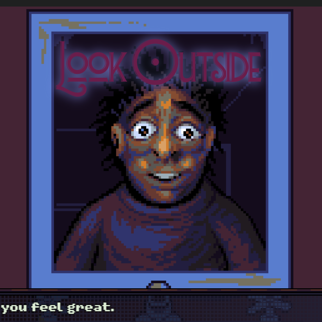 A pixelated heavyset man looks in the mirror and smiles. The title Look Outside appears above him.