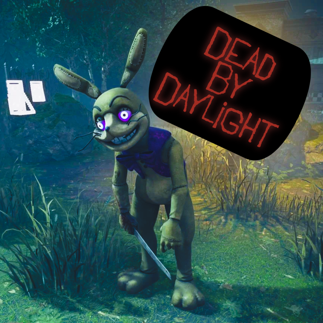 An animatronic yellow rabbit holds a kitchen knife in a grassy field. The title Dead By Daylight appears above it.