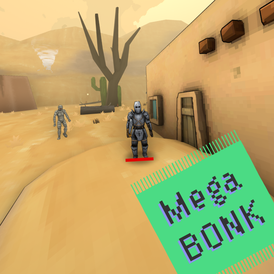 A pixelated knight stands in front of a mummy in a desert. The title Megabonk appears above.