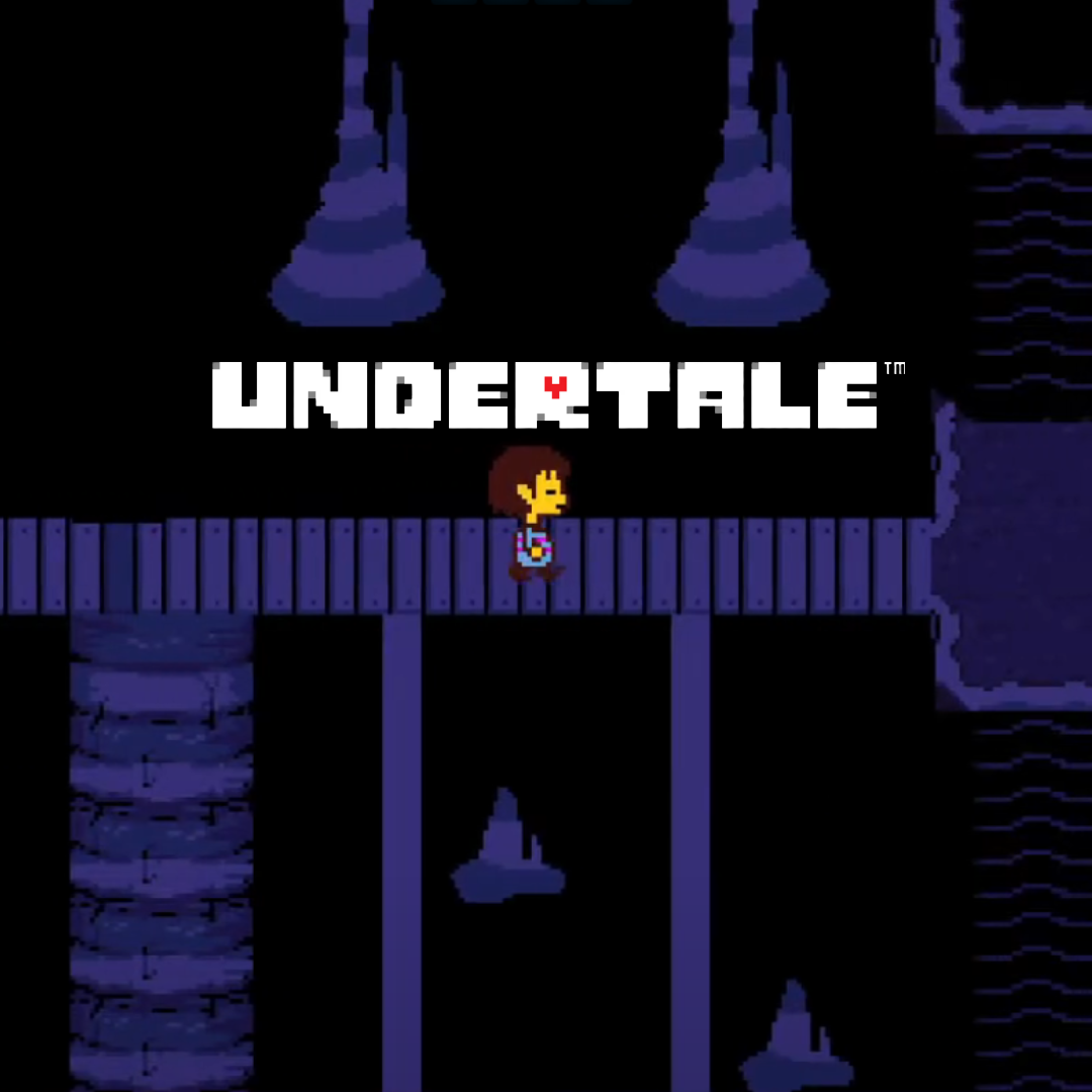 An androgynous pixelated character with a striped pink and blue shirt walks across a purple bridge in a cave.