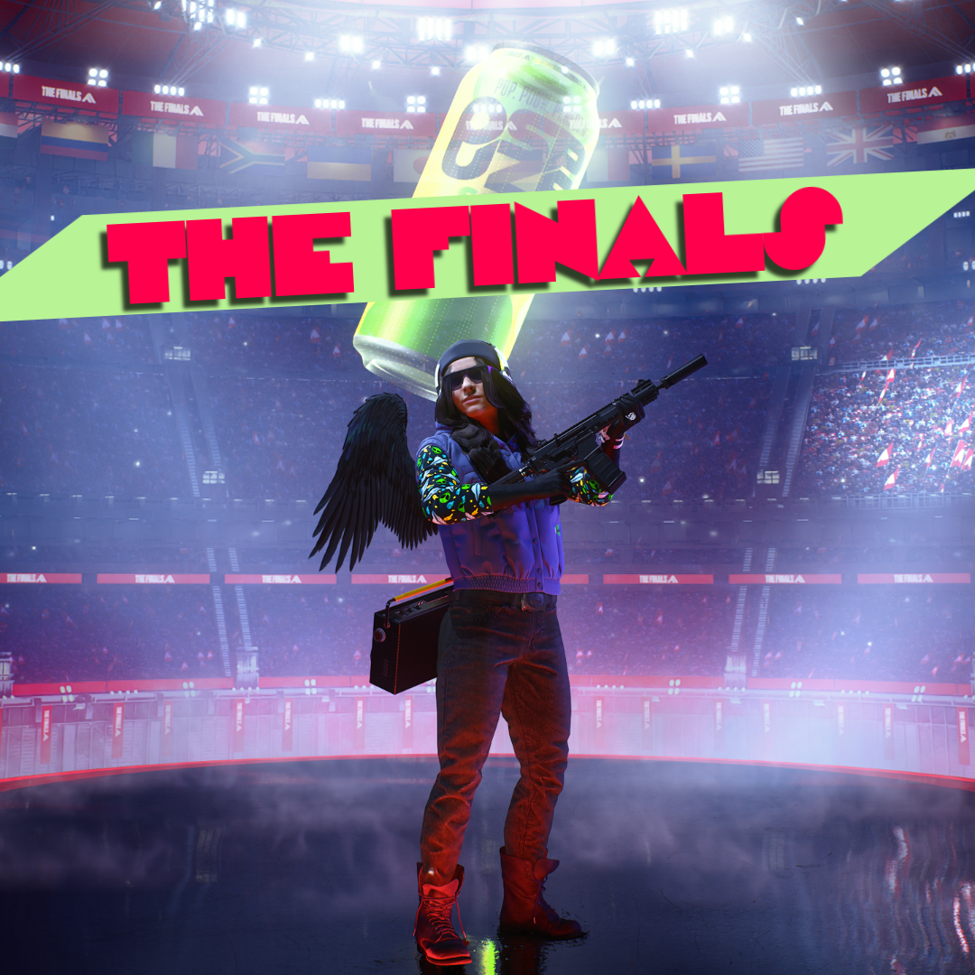 A woman with red pants, black angel wings, a blue windbreaker, and black sunglasses holds an automatic rifle on stage.