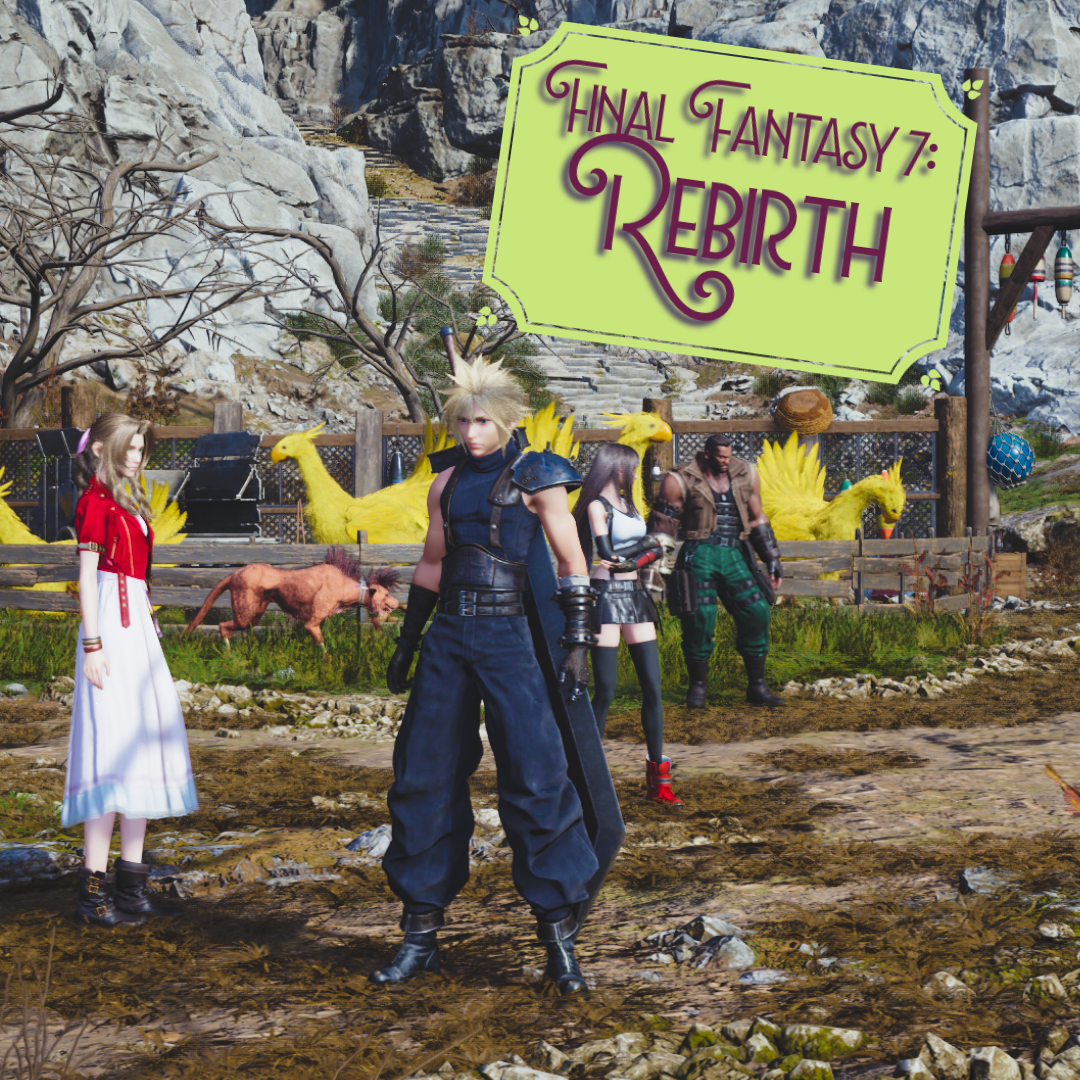Four main protagonists of the Final Fantasy series stand in front of a stable with the game's title.