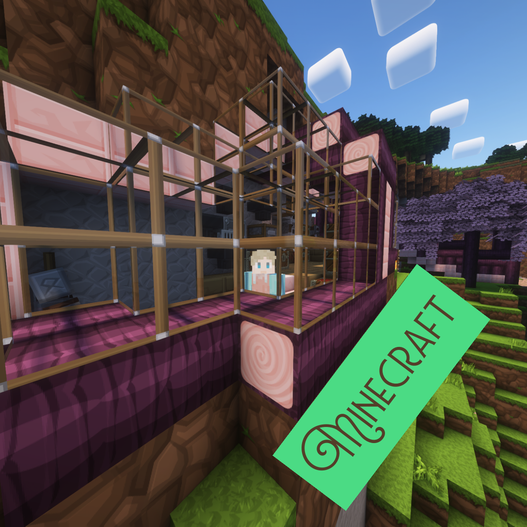 A blond-haired character in a pink and blue pastel hoodie stands looking out of a huge cherry tree root in Minecraft.