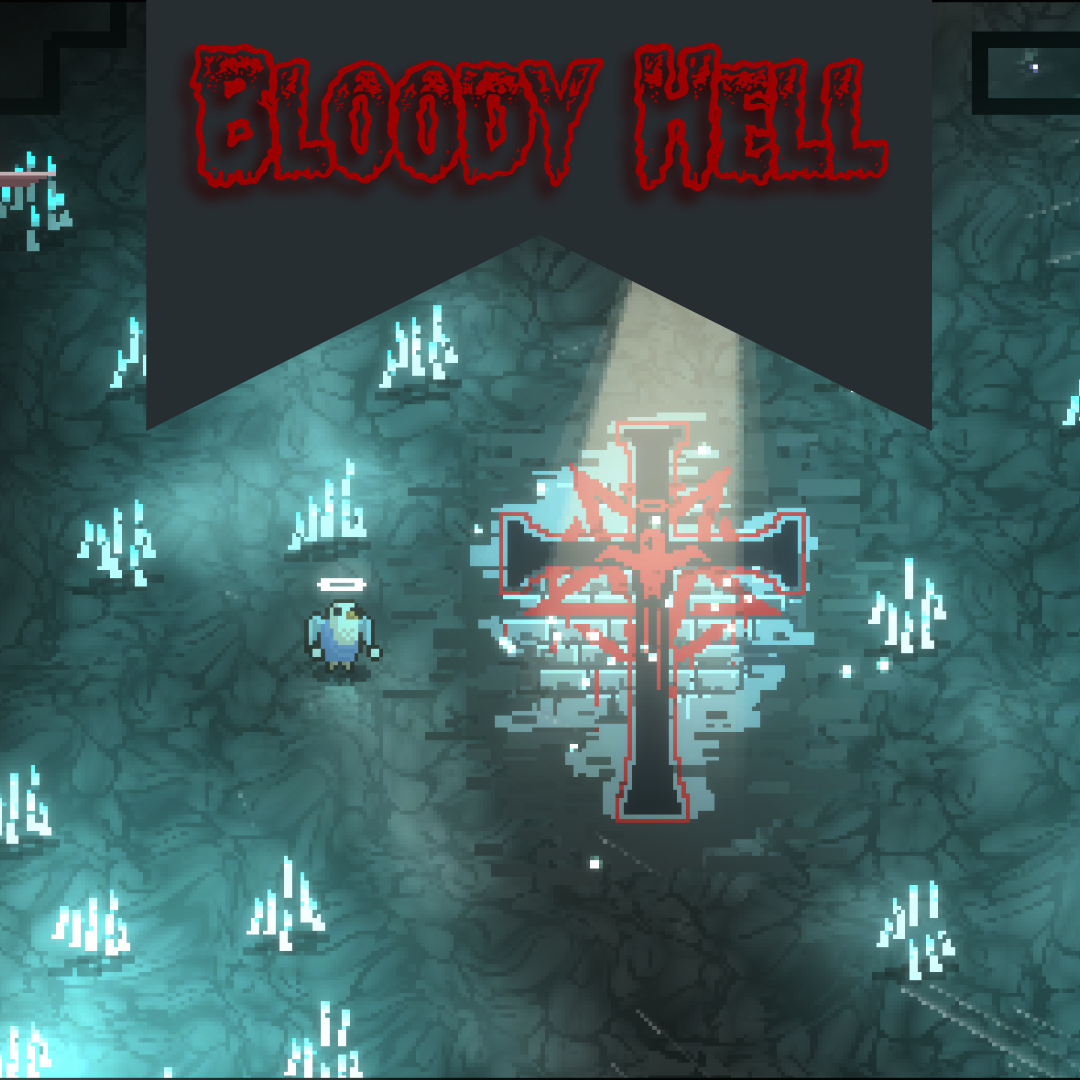A pixelated chicken with a halo stands next to a religious cross with a pentagram painted over it.
