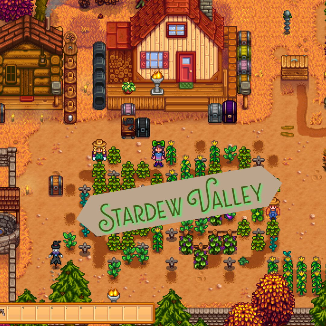 A pixelated farm from the game Stardew Valley is shown with various plants grouped under a house.