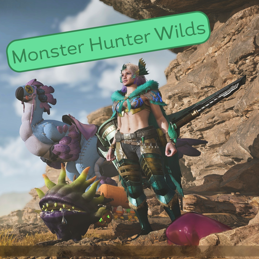 An armored woman, a purple ball with a mouth filled with spiked teeth, and a horse-sized bird-like stuffed animal look into the distance to the left.